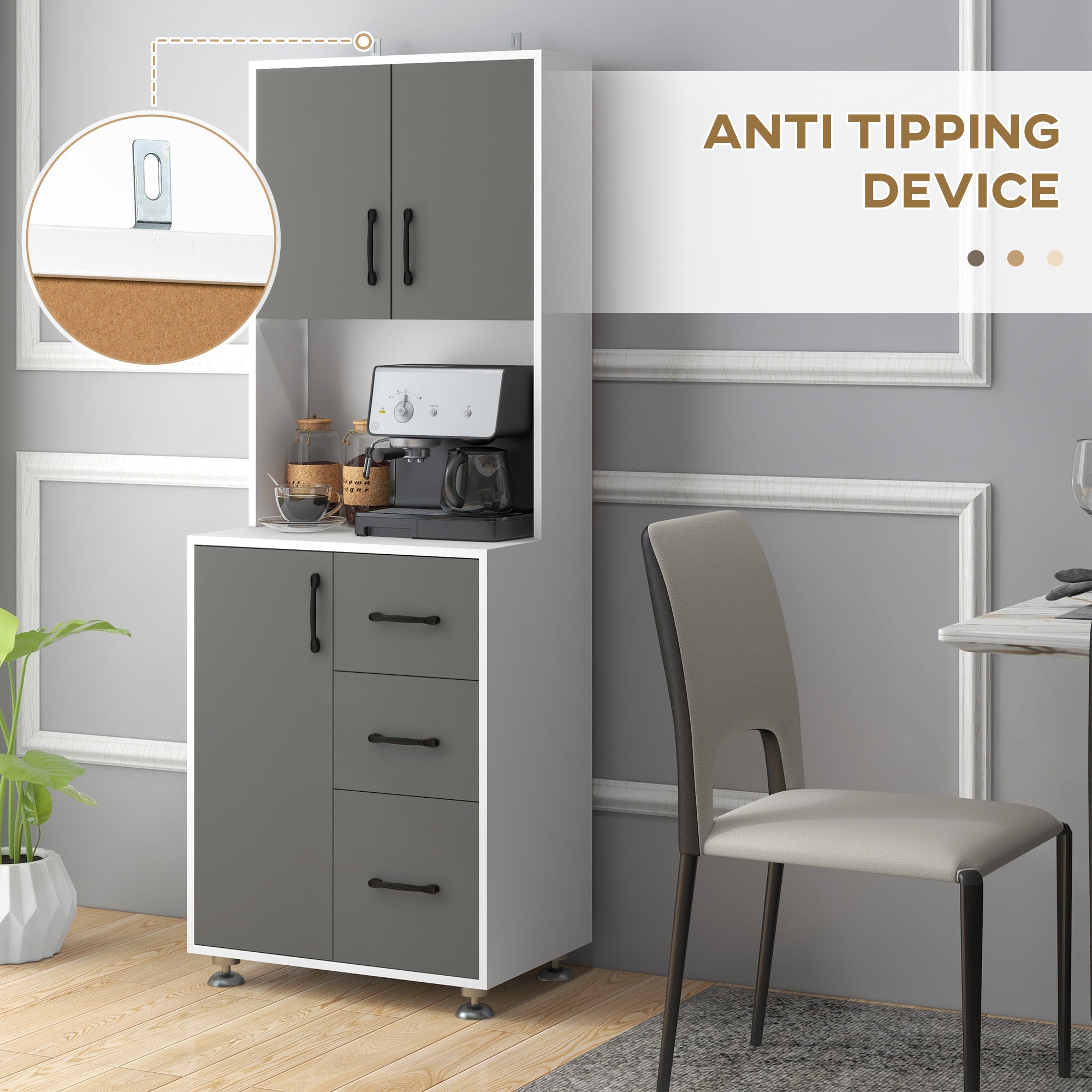 Kozy Modern Kitchen Cupboard with Storage Cabinets, 3 Drawers and Open Countertop for Living Room, Grey