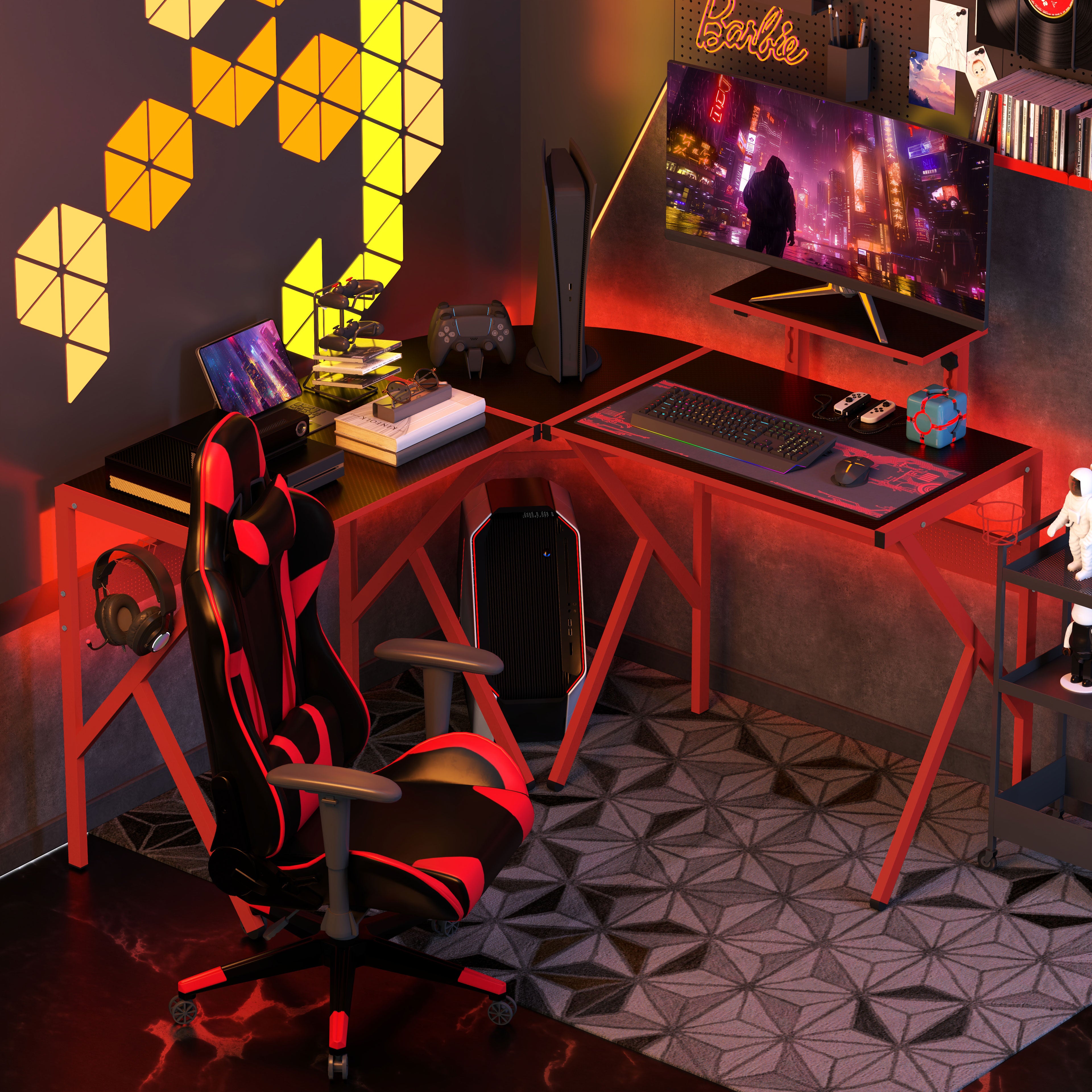 Kozy Gaming Desk L-Shaped Corner Computer Table for Home Office PC Workstations with Adjustable Monitor Stand Cup Holder Headphone Hook 125x125x75cm, Red