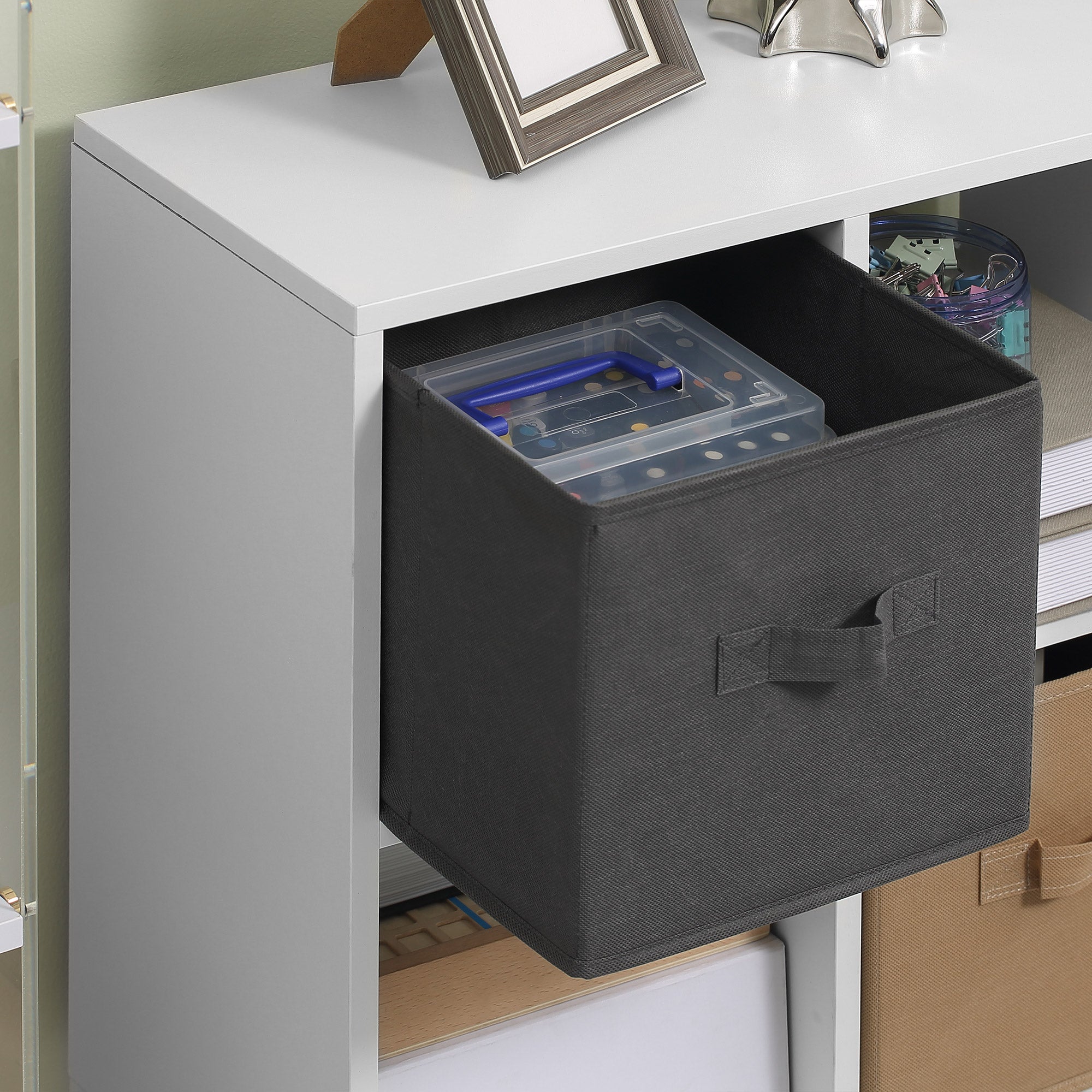 Kozy Freestanding 4 Cube Unit Cabinet Unit w/ 3 Fabric Drawers Handles Home Office Storage Shelves