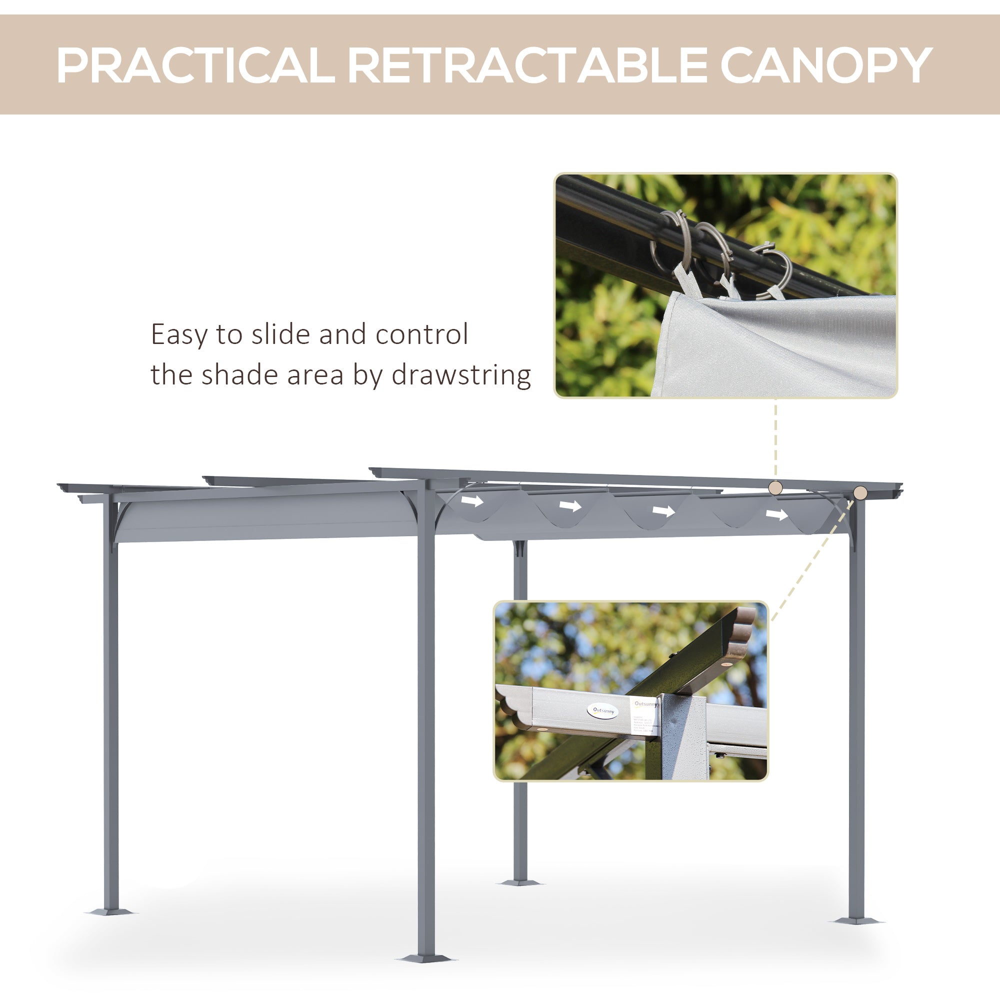 Kozy 3.5 Sliding Pergola Canopy Metal Pergola Retractable Canopy for Garden Shade, Grey
