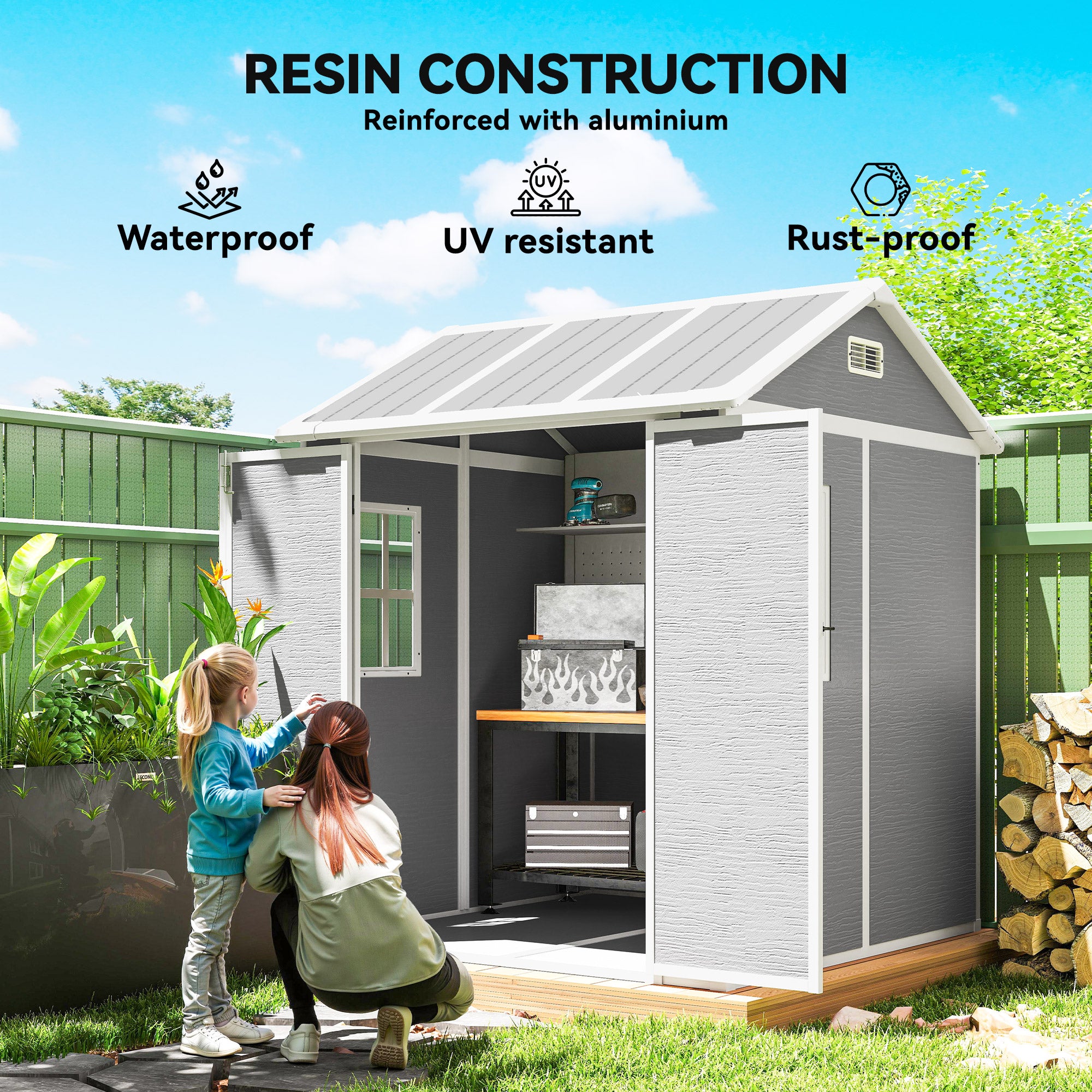 Kozy - 6 x 6ft Garden Shed with Floor, Window, Lockable Doors and Vents, Wood Effect Resin Tool Shed for Outdoor Patio, Grey