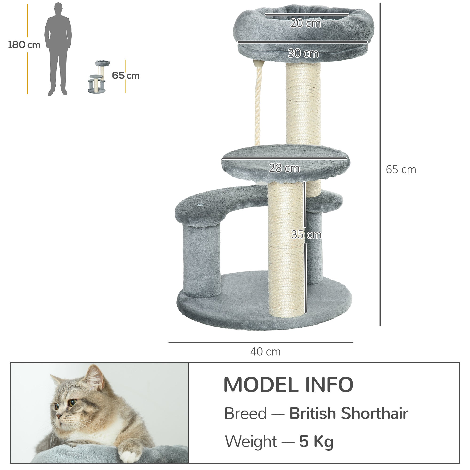 PawHut Cat Tree 65 cm, Kitty Scratcher, Kitten Activity Centre with 2 Perches & Hanging Sisal Rope, Grey