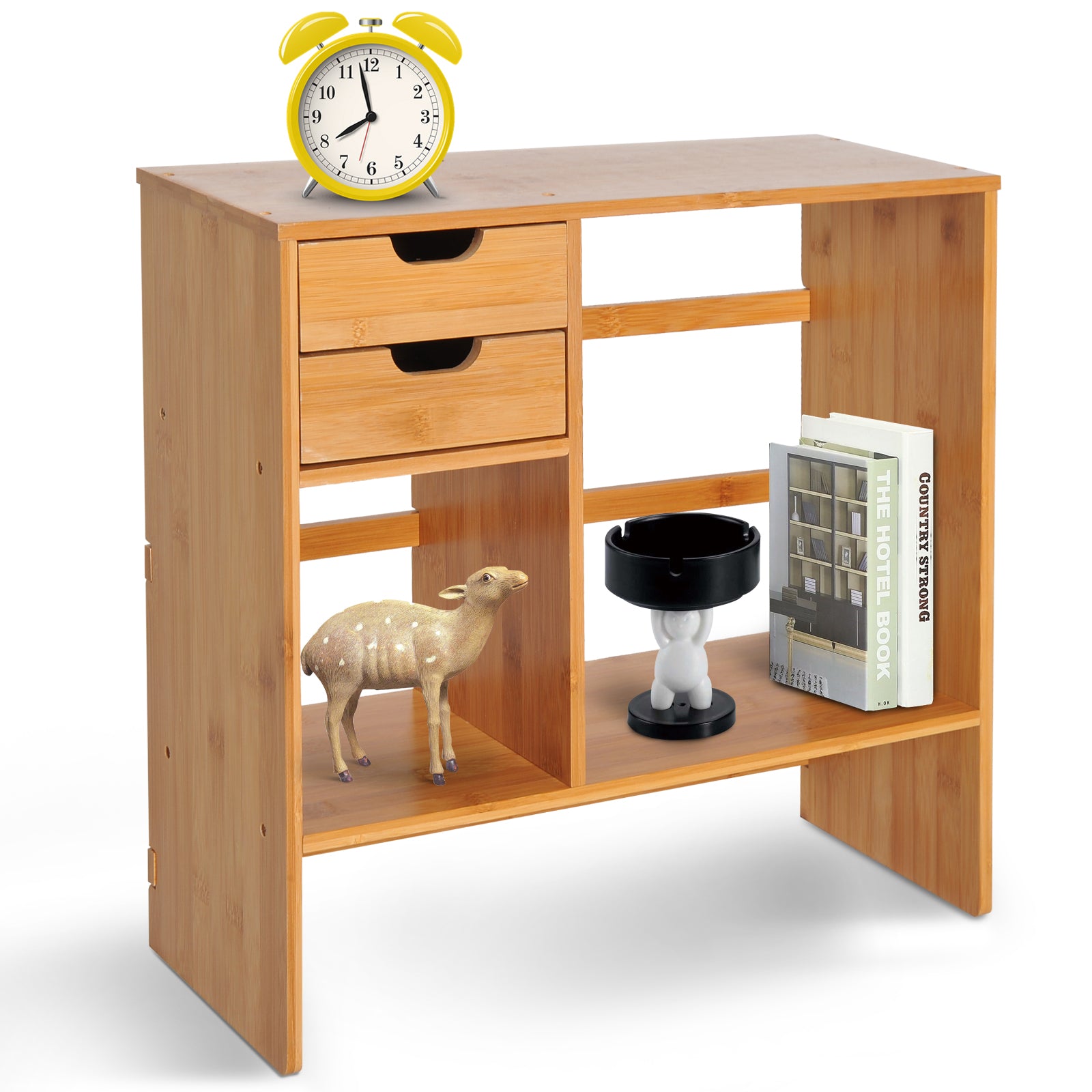 HOMCOM Desk Organiser, Bamboo Desktop Bookshelf with 2 Drawers and Stationery Storage, Reversible Use