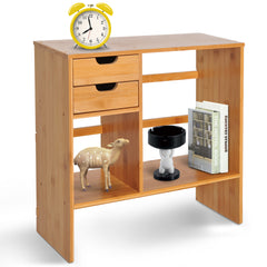 HOMCOM Desk Organiser, Bamboo Desktop Bookshelf with 2 Drawers and Stationery Storage, Reversible Use