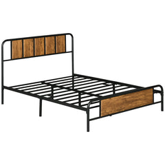 4.8ft Double Bed Frame with Industrial Wood Headboard, Steel Slat Support and 25.5cm Underbed Storage Space, 145 x 197cm, Rustic Brown