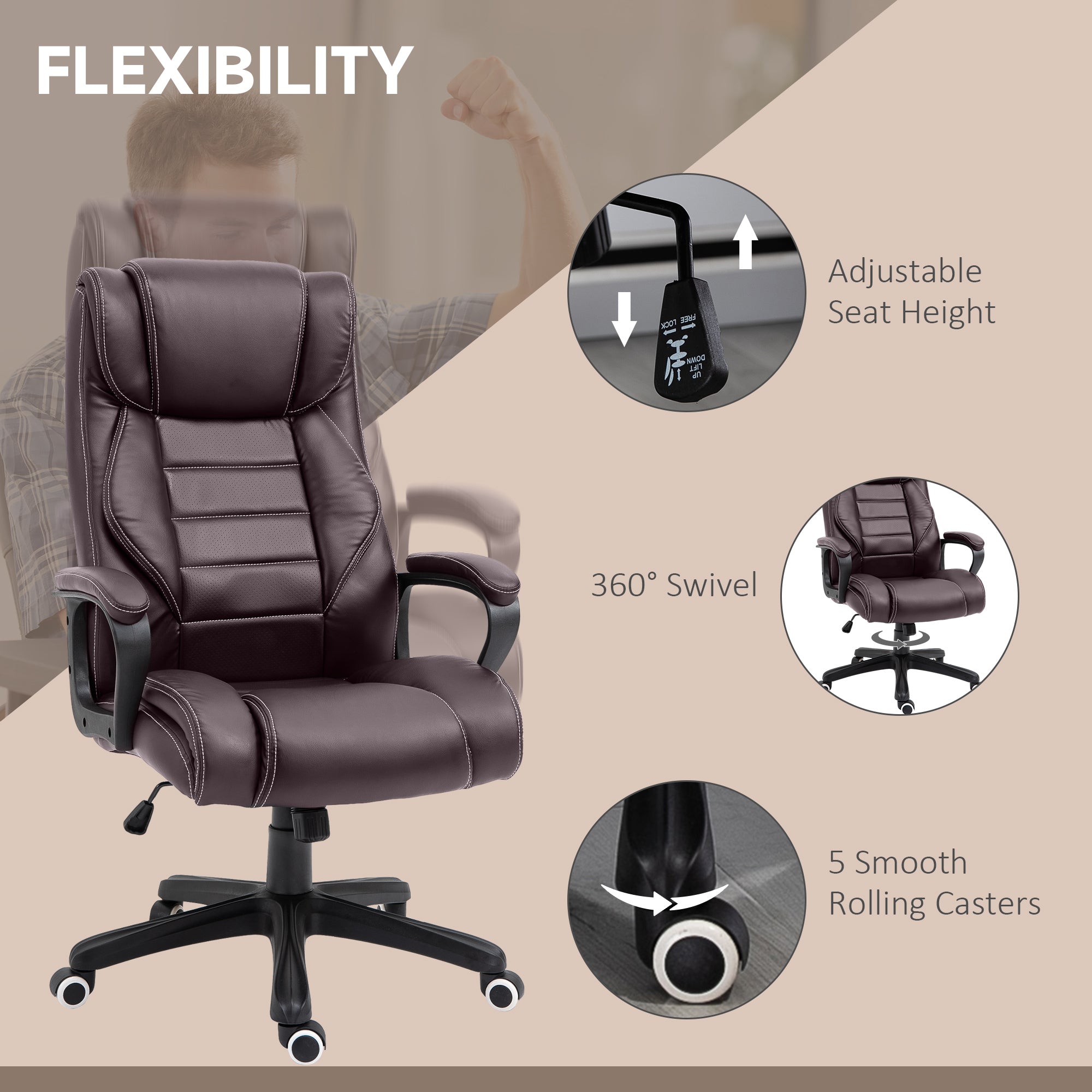 Kozy Office Chair with 6-Point Maaage, PU Desk Chair with Padded Seat and Armrest, Computer Chair with Tilt Function for Home, Brown