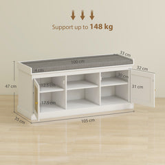 Kozy - Boho Shoe Storage Bench with Padded Cushion and Rattan Doors - White