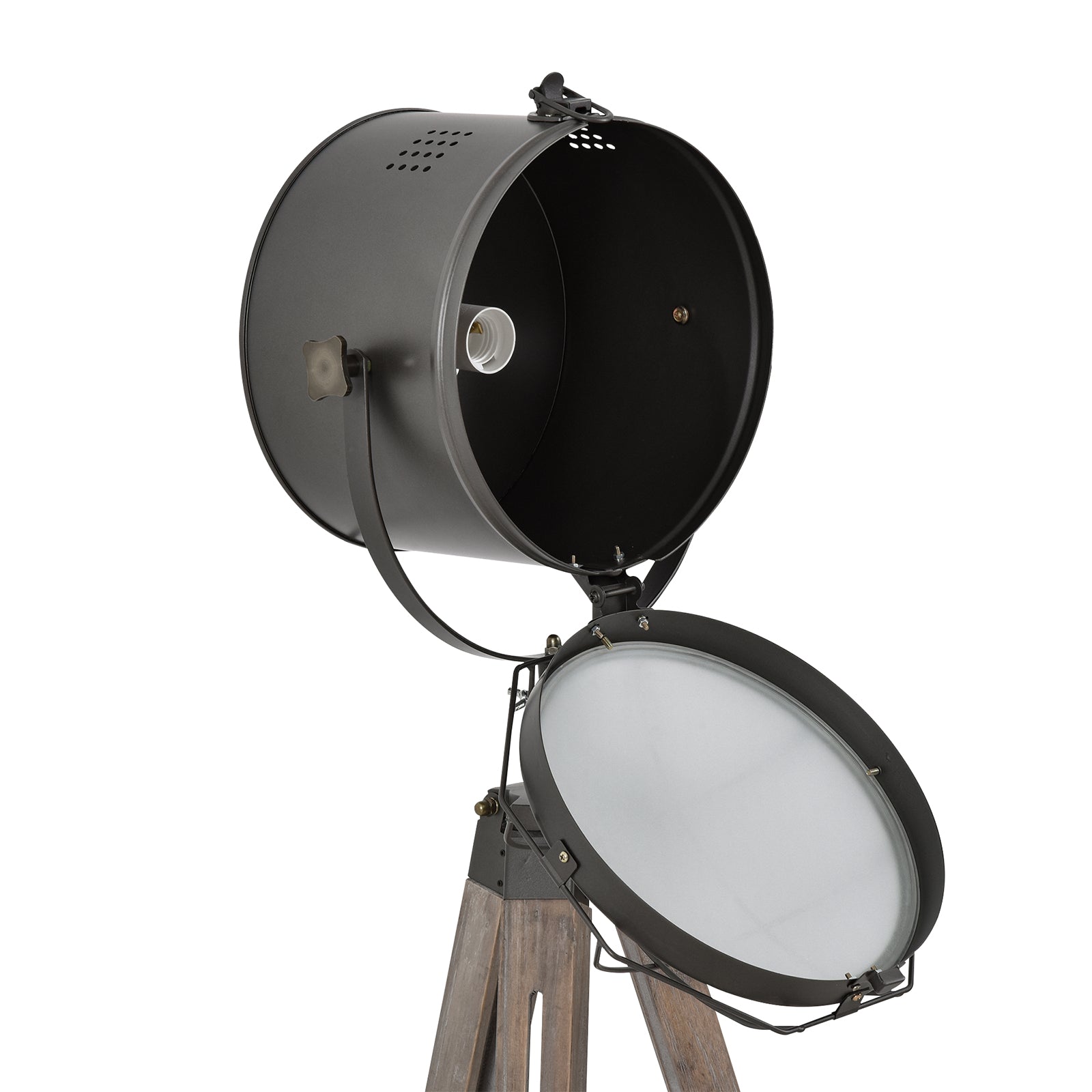 Kozy Floor Lamp with Adjustable Tripod for Living Room Bedroom, Vintage Spotlight Reading Lamp with Wood Legs, 115-155cm, Grey