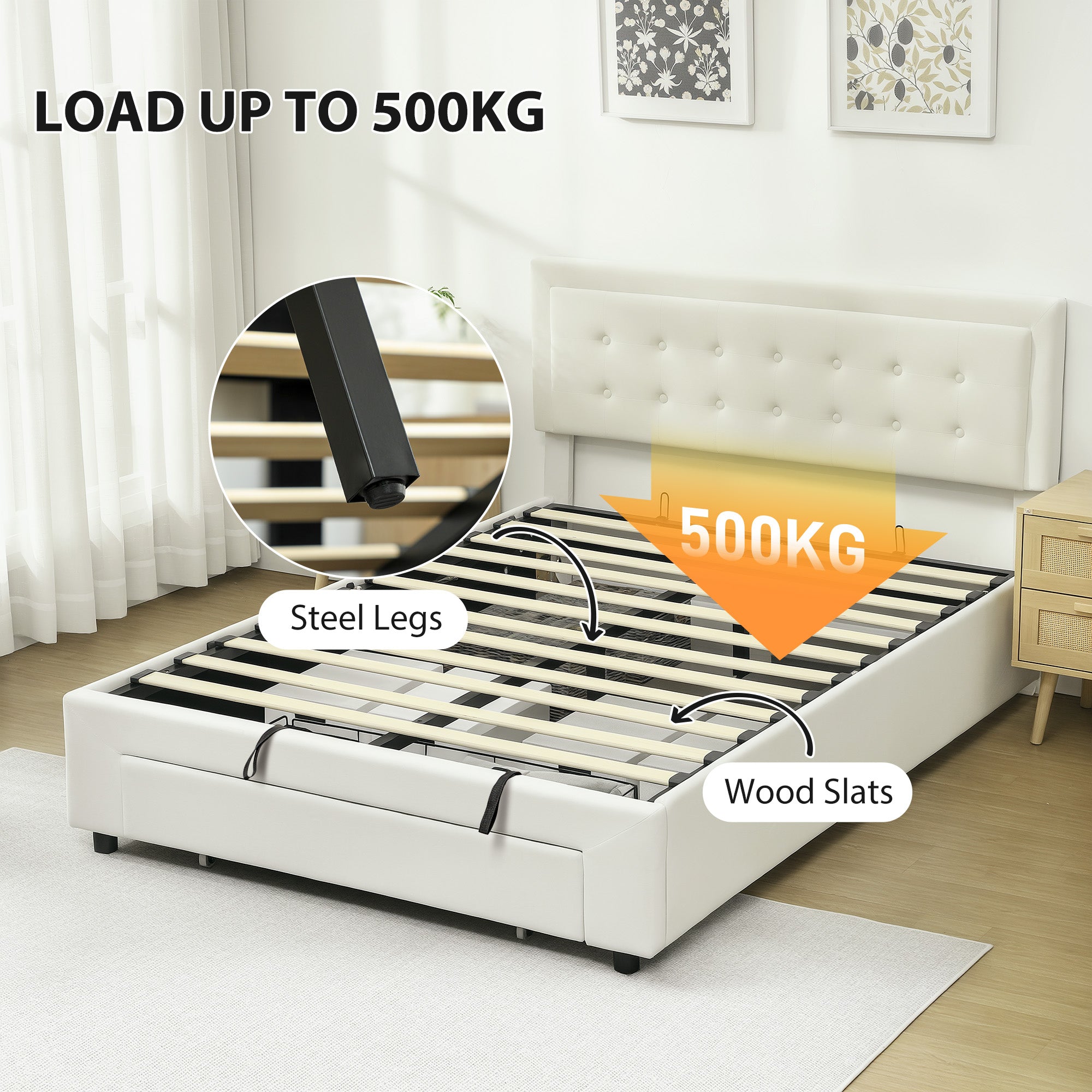 Kozy - Double Ottoman Bed Frame, with Front Drawer - Cream