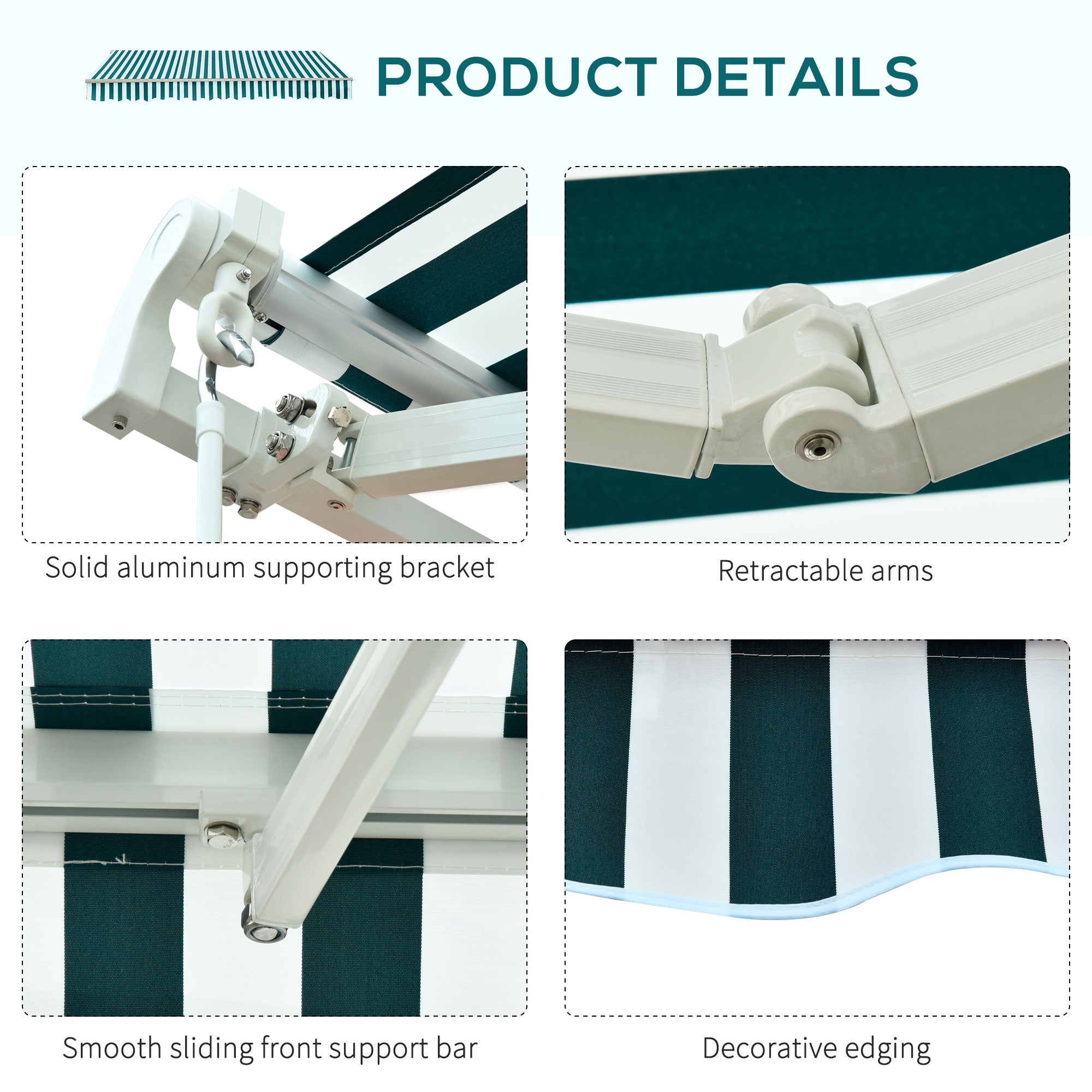 Kozy - Manual Retractable Awning, size (3.5m x2.5m)-Dark Green/White Stripes