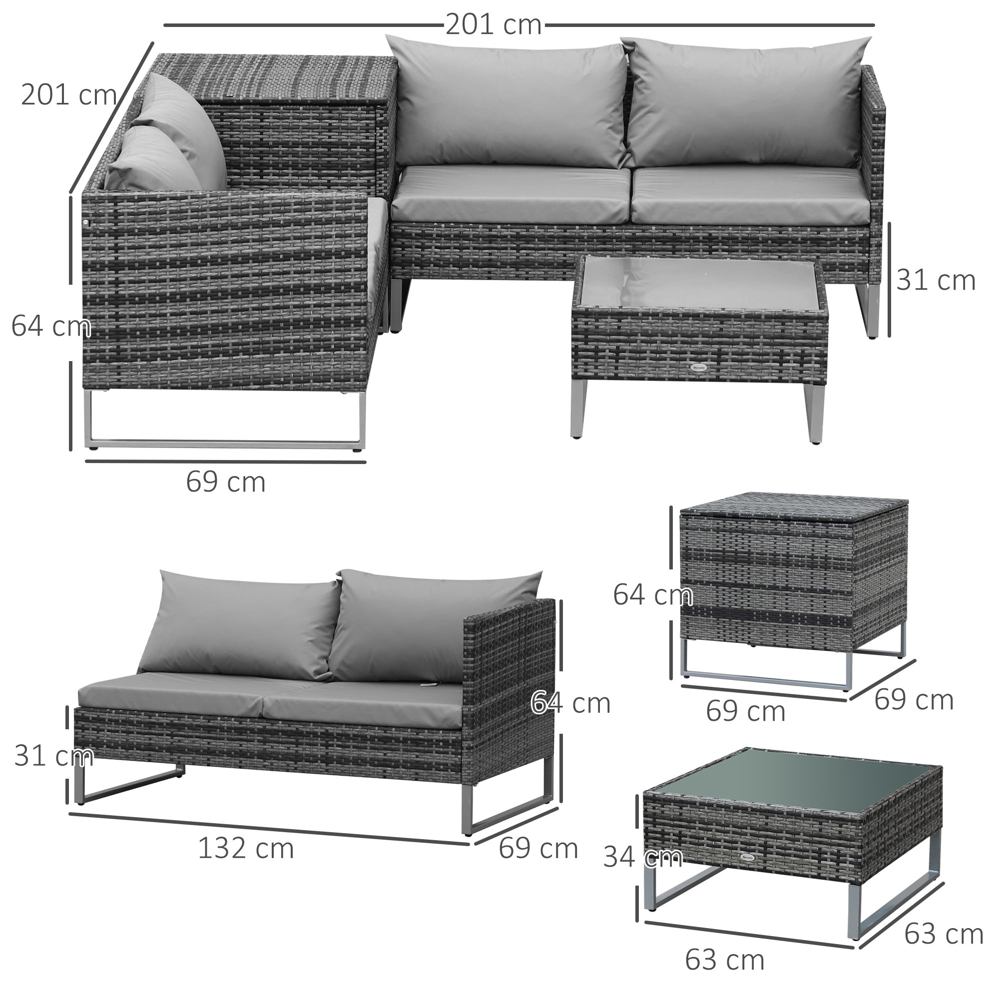 Kozy 4pc Garden Rattan Wicker Outdoor Furniture Patio Corner Sofa Love Seat and Table Set  with Cushions Side Desk Storage, Mixed Grey