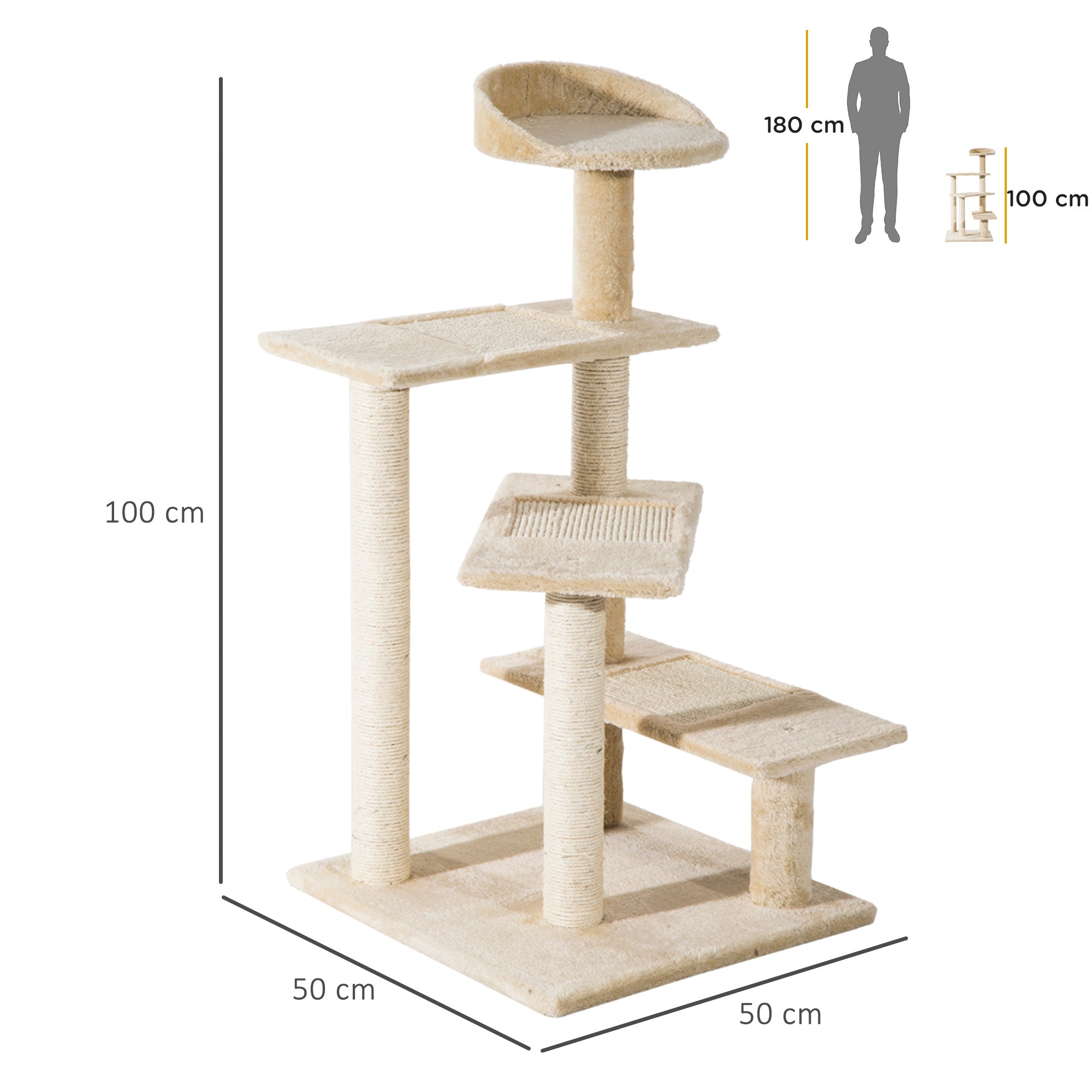 PawHut Beige Cat Tree, Kitten Scratching Post, Sisal Climbing Tower, Activity Centre, Sturdy