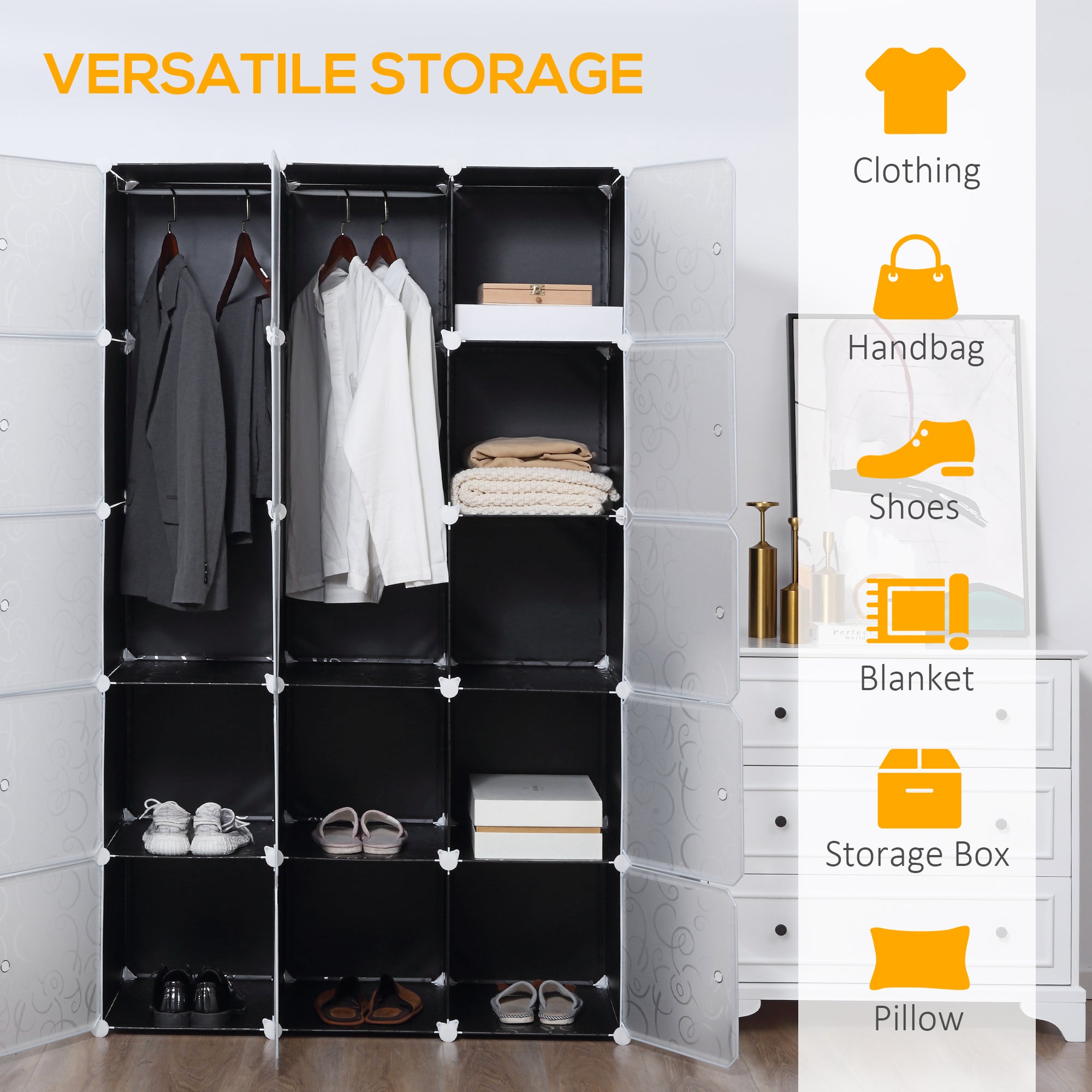 Kozy Portable Wardrobe for Bedroom, 15 Cube Closet with Hanging Rail, Modular Storage Cabinet, Plastic Armoire for Space Saving, White and Black