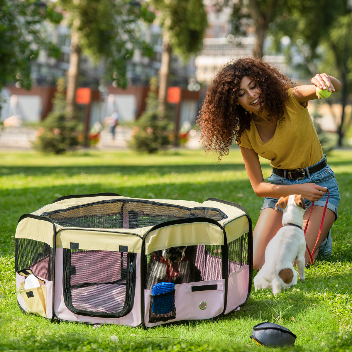 PawHut Small Pet Playpen, Fabric Enclosure for Dogs, Cats, Rabbits, Guinea Pigs, Pink, L37 x H37cm x D90cm