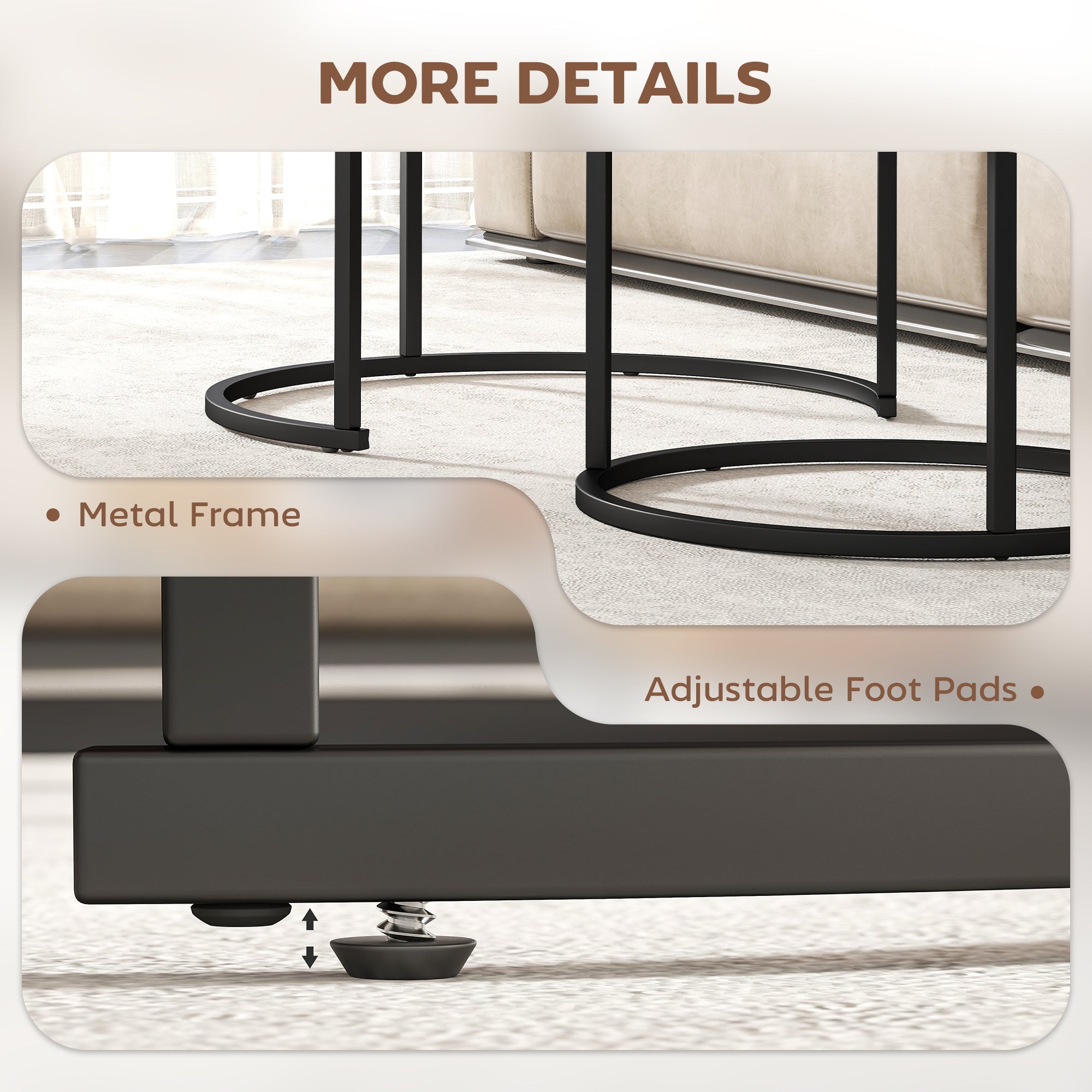 Kozy Coffee Table Set of 2, Round Nest of Tables with Metal Frame, Modern Side Tables for Living Room, Rustic Brown