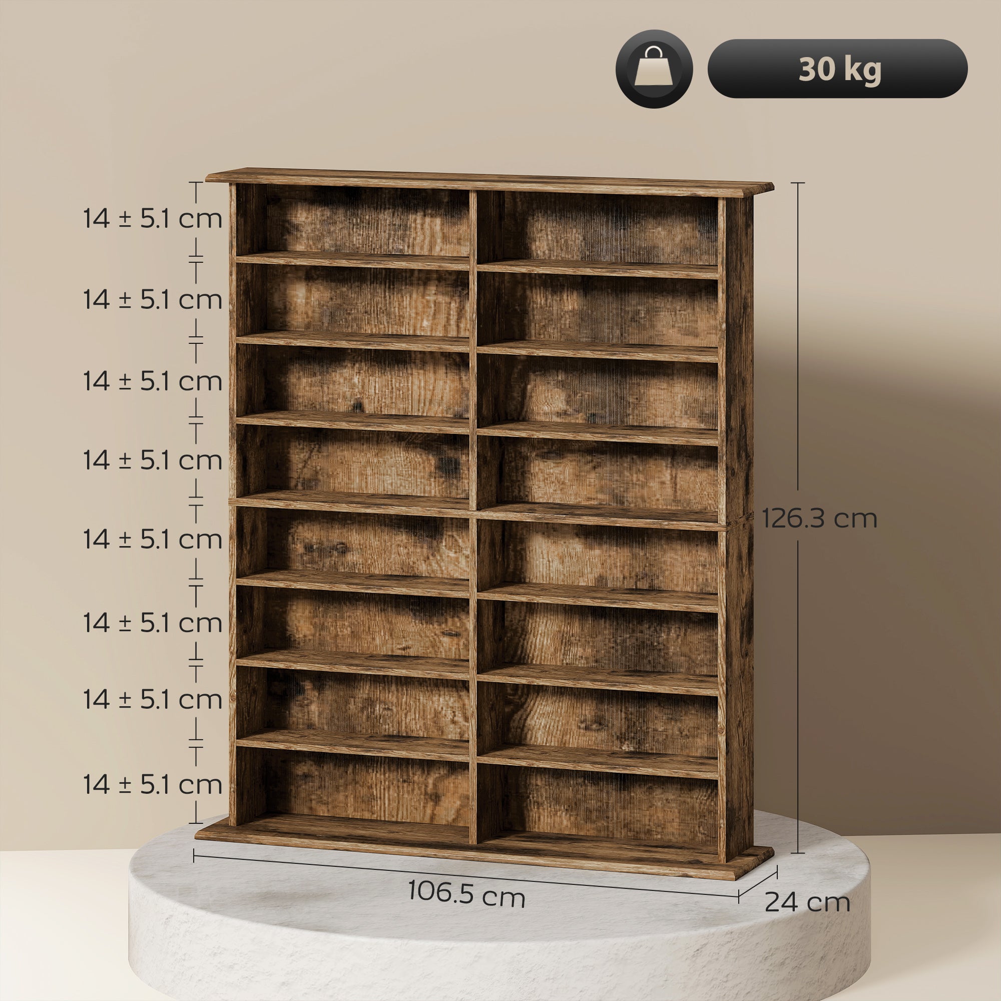 Kozy 16-Compartment Media Shelf - Rustic Brown