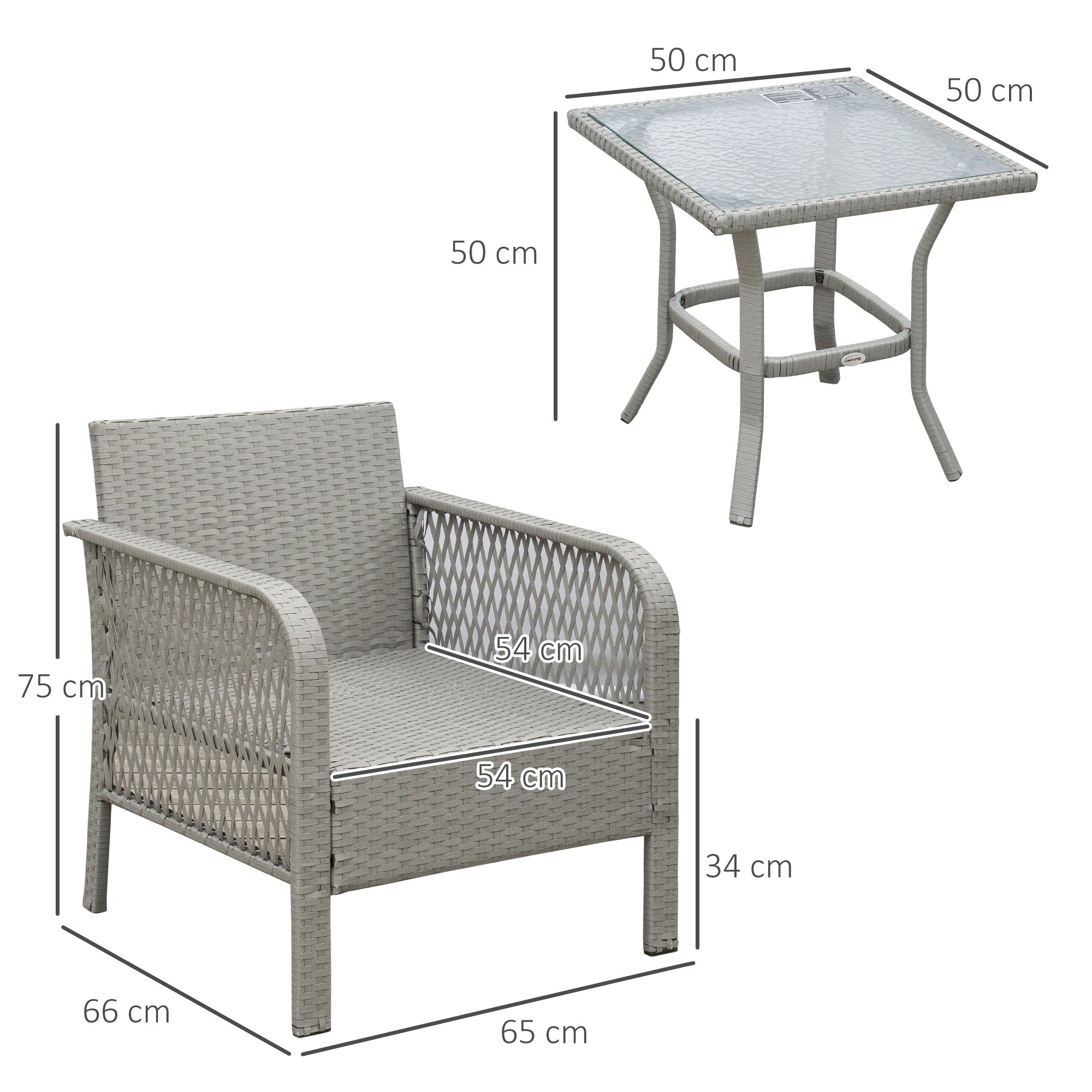 Kozy 3 Pieces Rattan Bistro Set with Glass Top Coffee Table, Chairs and Cushions for Outdoor, Patio, Balcony, Grey