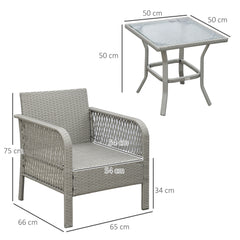 Kozy 3 Pieces Rattan Bistro Set with Glass Top Coffee Table, Chairs and Cushions for Outdoor, Patio, Balcony, Grey