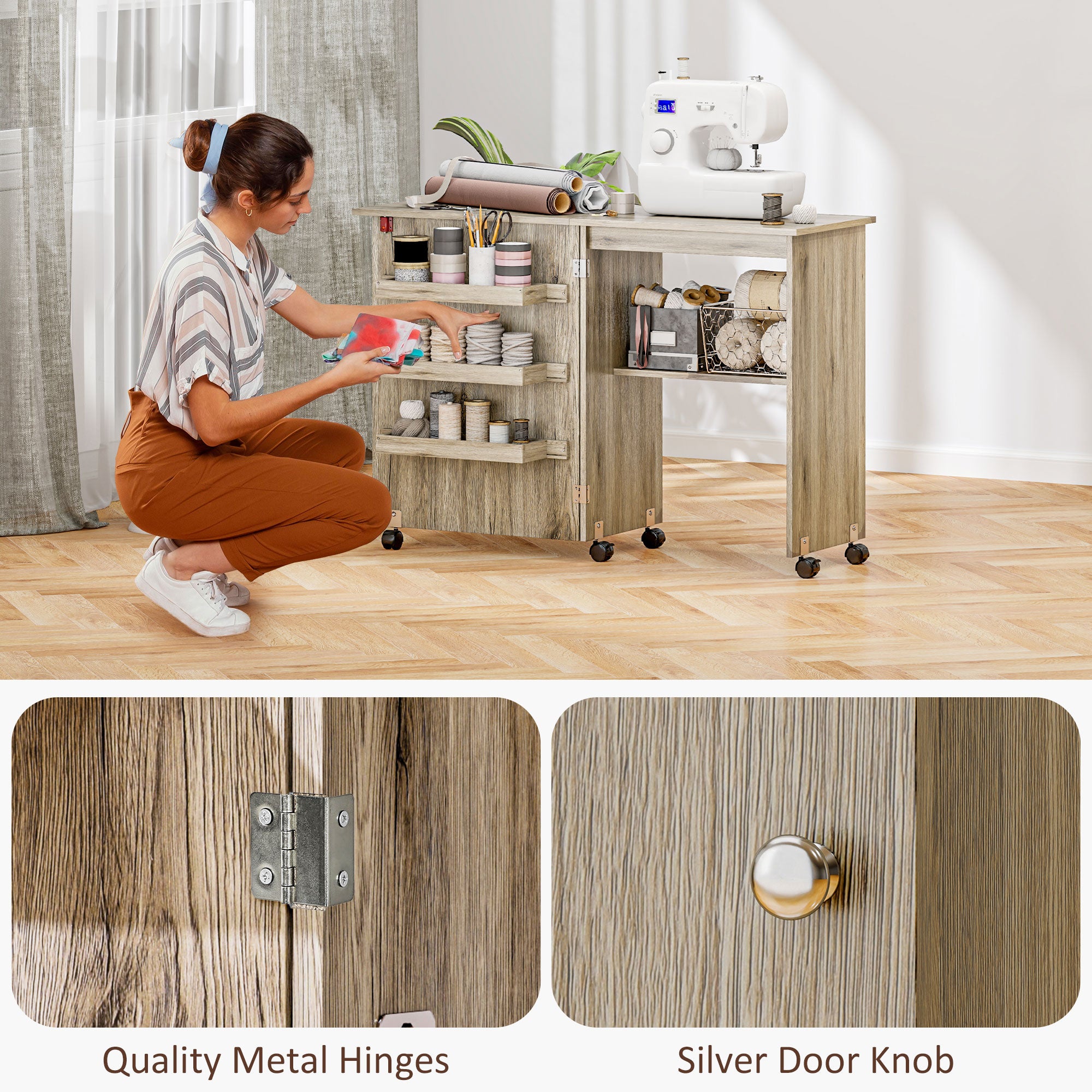 Kozy Folding Sewing Table, Drop Leaf Craft Table with Storage Bins, Open Shelf and Wheels, Rolling Sewing Machine Cabinet Computer Desk for Small Space, Grey