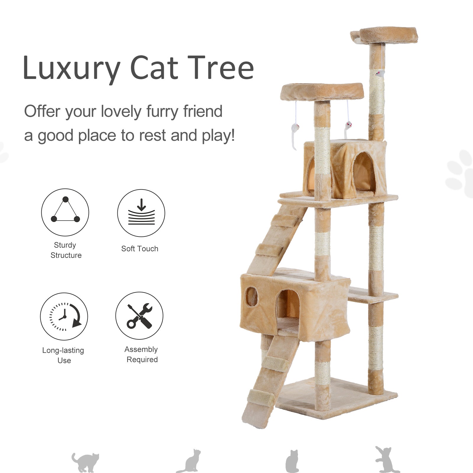 PawHut Deluxe Cat Tree, Kitten Scratching Post, Climbing Tower Activity Centre, Plush, Cream