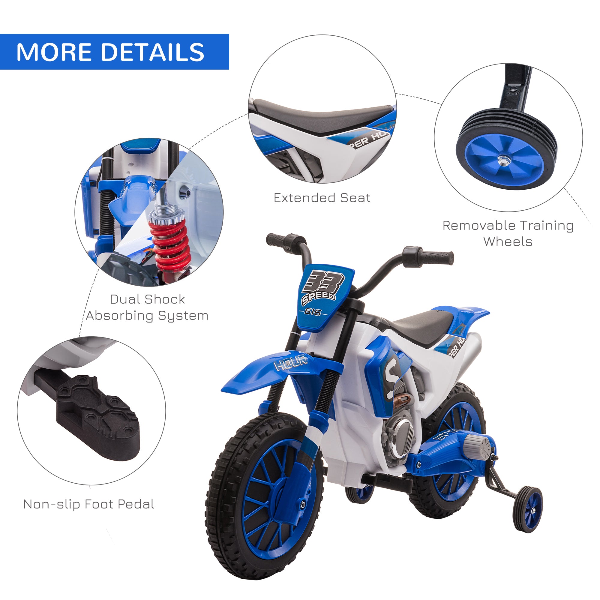 Kozy 12V Kids Electric Motorcycle Ride-On, with Training Wheels, for Ages 3-6 Years - Blue