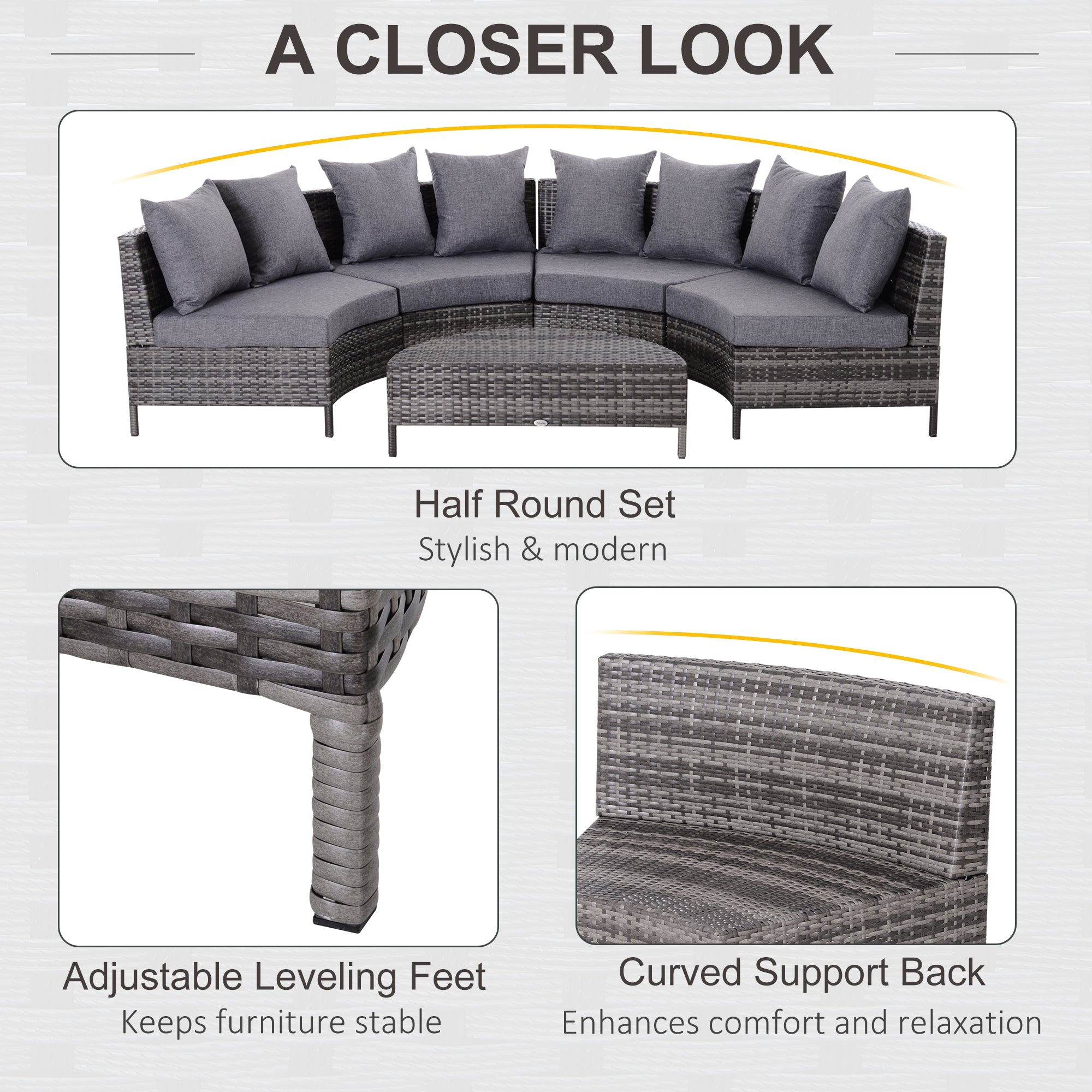 Kozy 5 Pieces Rattan Garden Furniture Set, 4 Seater Half-Round Garden Sofa Set with Thickened Cushions, Wicker Conservatory Furniture with 4 Chairs, Rattan Coffee Table and Pillows, Grey