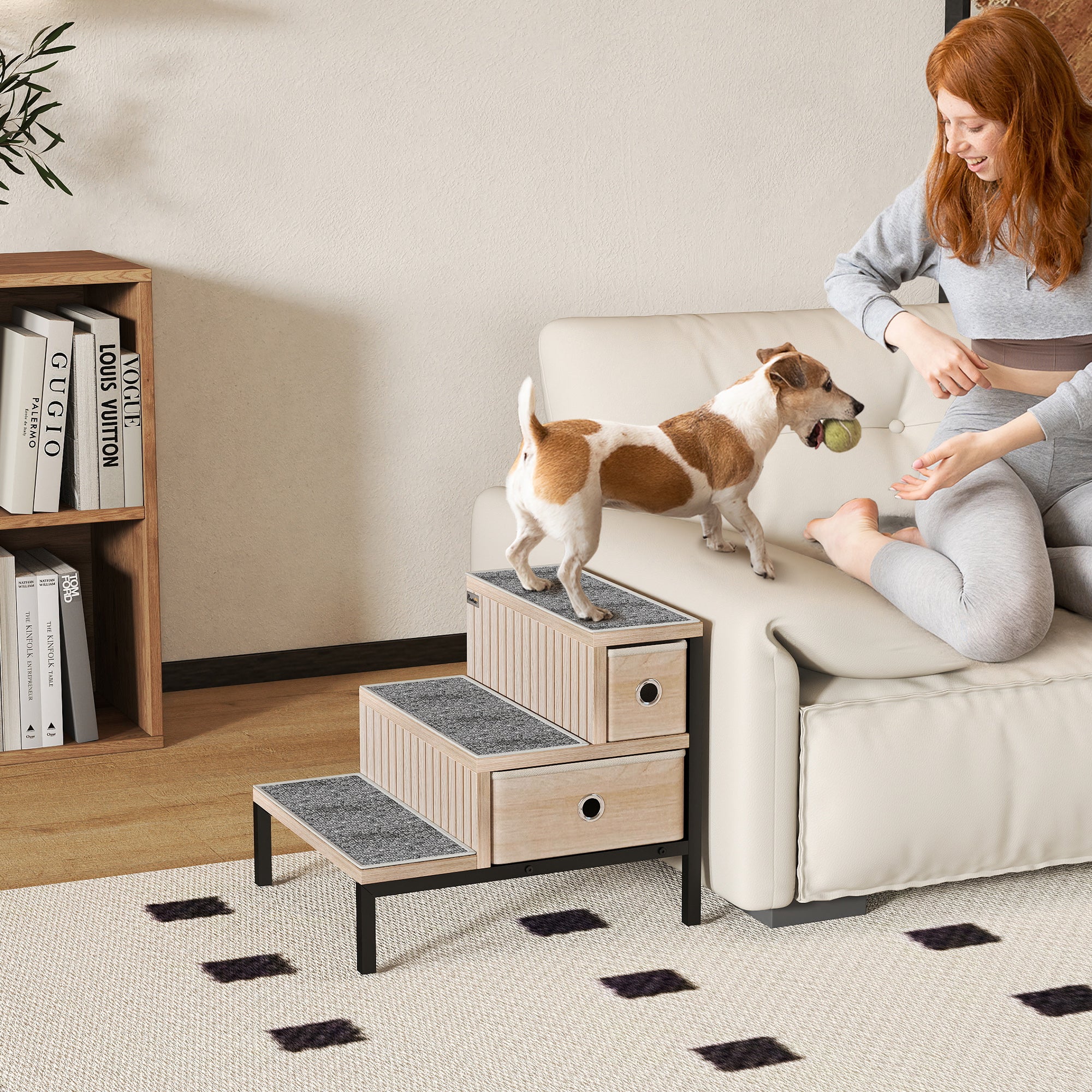 Kozy Dog Stairs with Storage, Non-Slip Cover, Pet Steps for Small Dogs & Older Cats, for Sofa, High Bed, Oak Tone