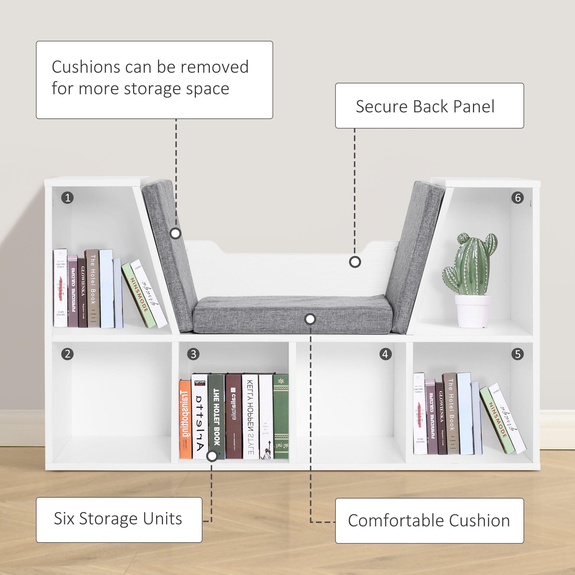 HOMCOM Bookcase with Seat, Cushioned, Storage Shelf, Sideboard, for Kids Reading, Bedroom, Living Room, White