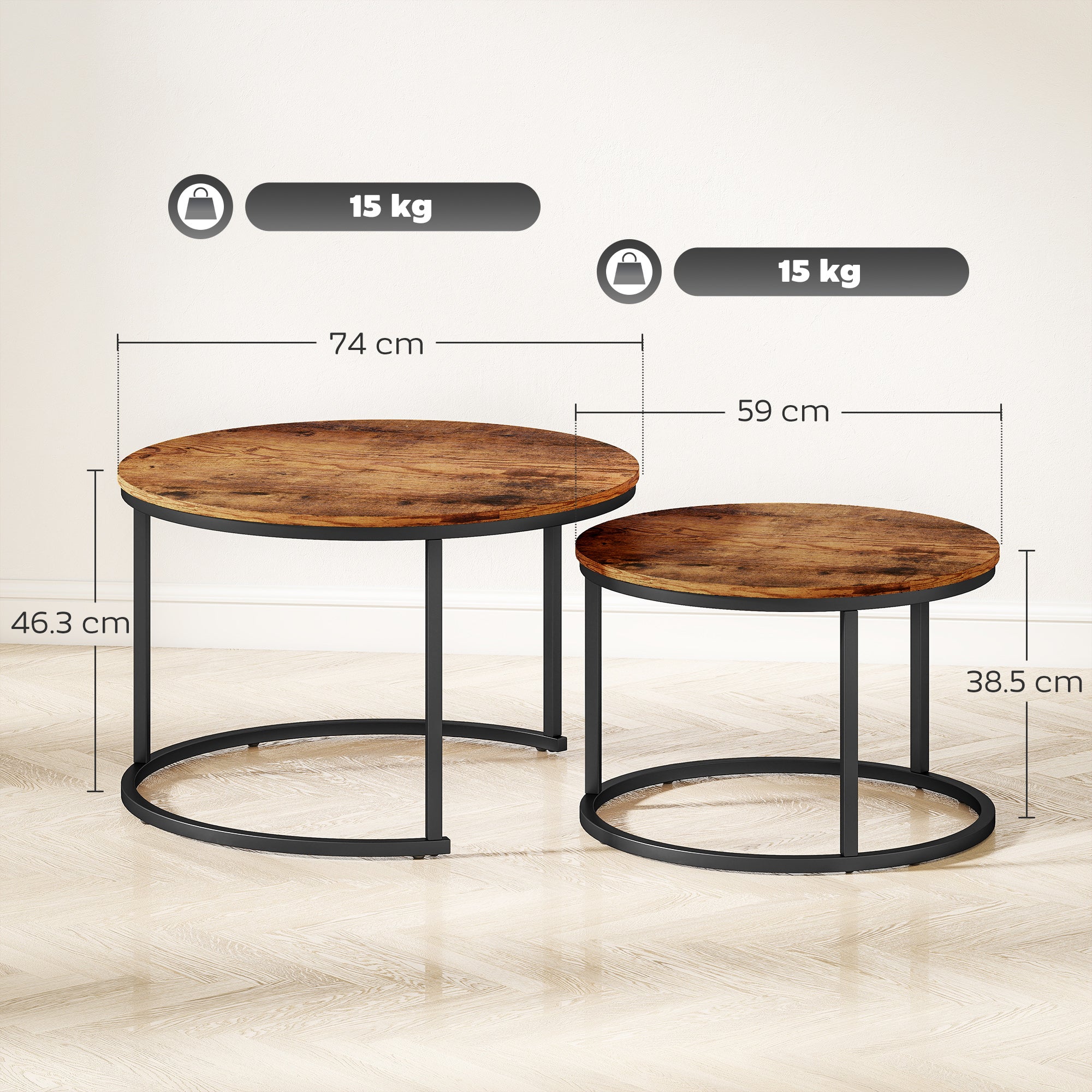 Kozy Coffee Table Set of 2, Round Nest of Tables with Metal Frame, Modern Side Tables for Living Room, Rustic Brown