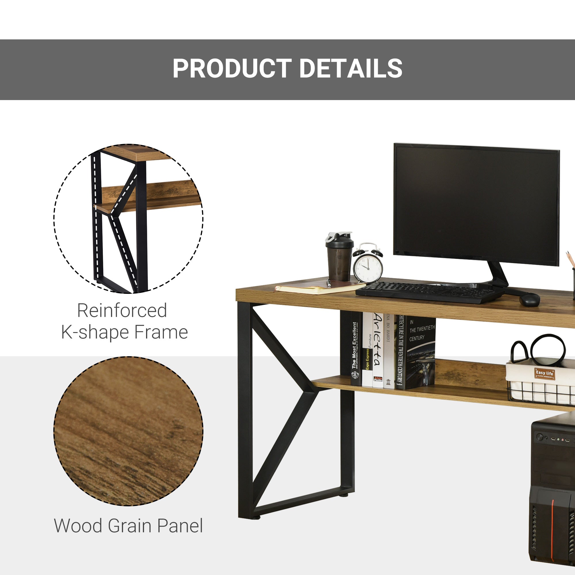 Kozy - Computer Desk Writing Desk Home Office PC Laptop Workstation with Storage Shelf 120 x 60 x 76cm Black Brown Wood Effect