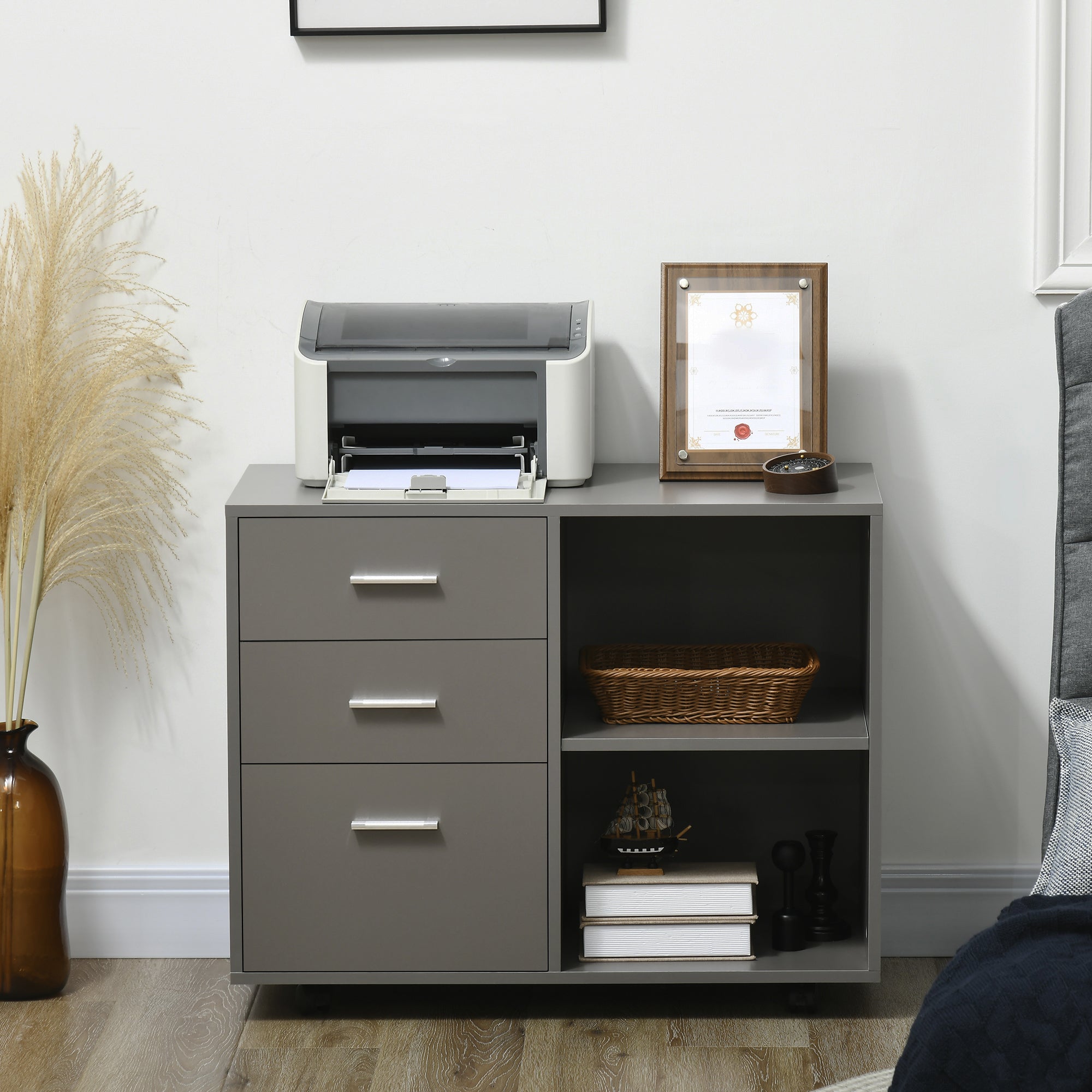 Kozy Freestanding Printer Stand Unit Office Desk Side Mobile Storage w/ Wheels 3 Drawers, 2 Open Shelves Modern Style 80L x 40W x 65H cm - Grey