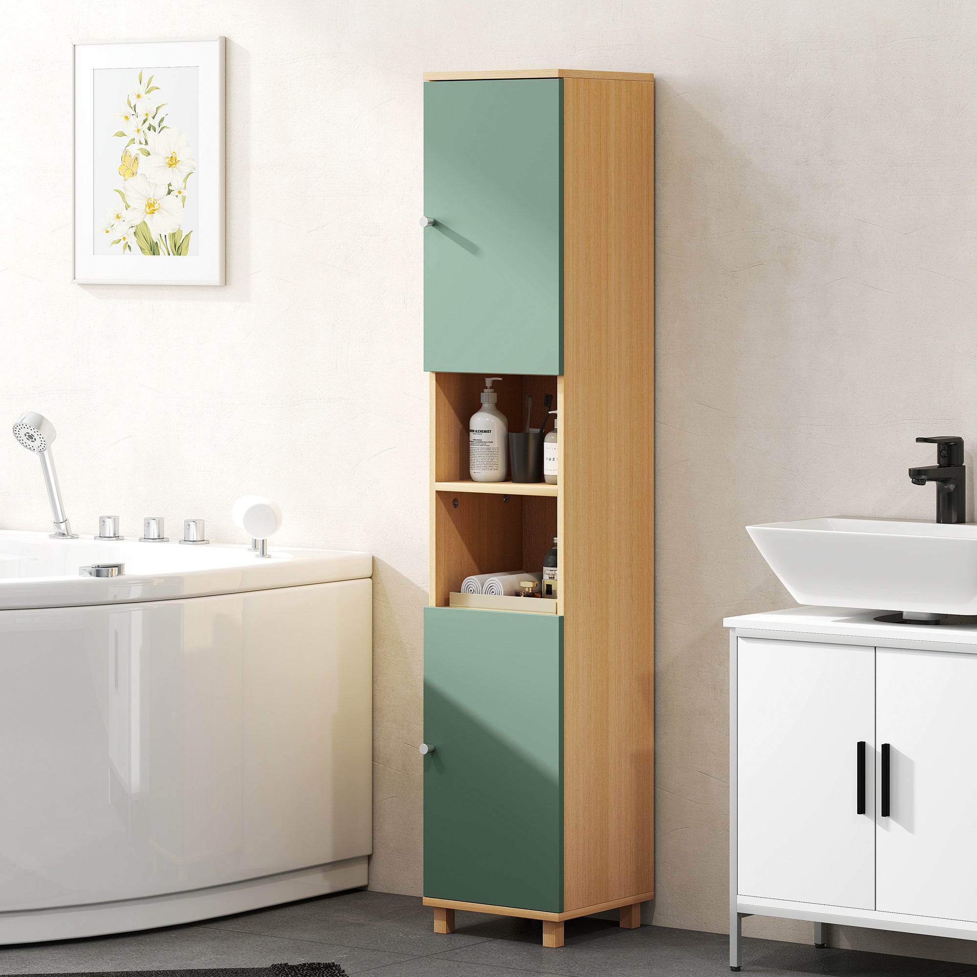 Kozy Bathroom Cabinet with Adjustable Shelves and Open Shelves - Green