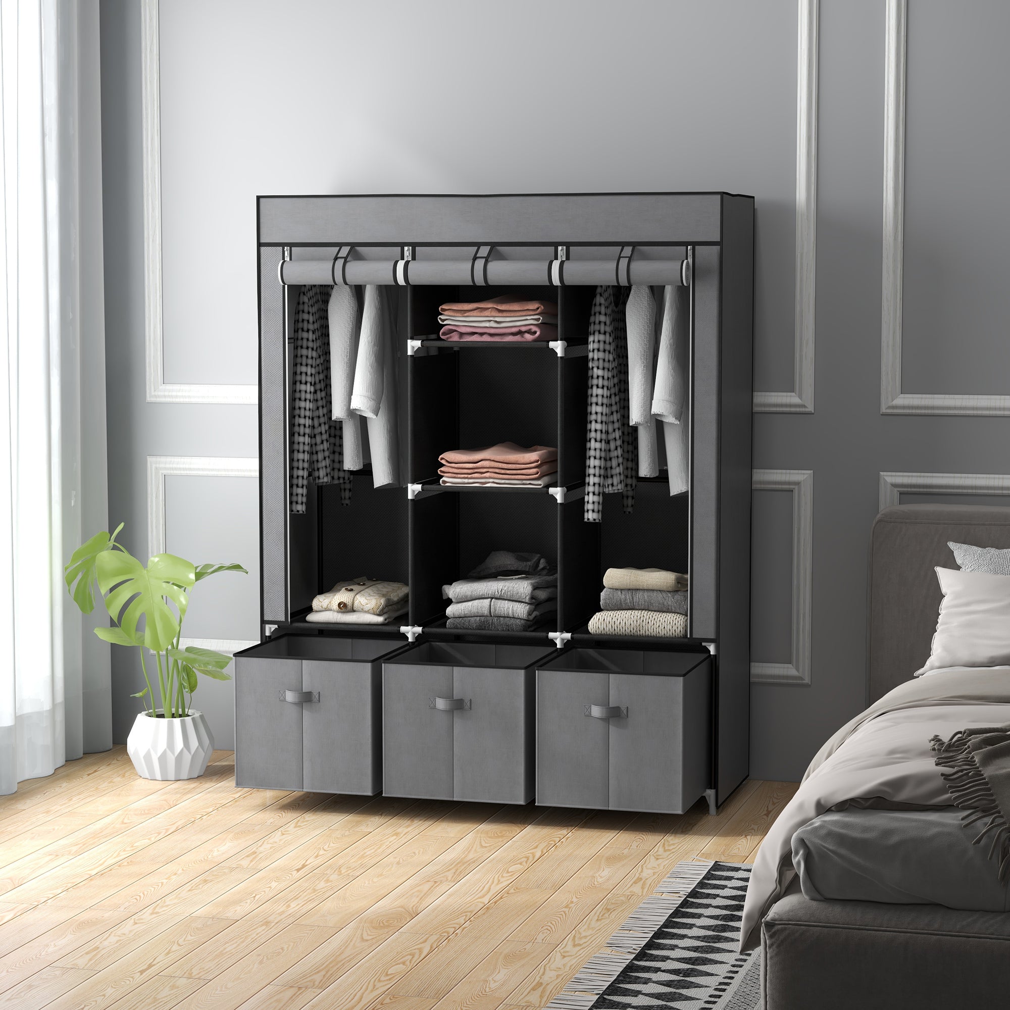 Kozy Fabric Wardrobe for Bedroom, Portable Wardrobe with 5 Shelves, 2 Hanging Rails and 3 Fabric Drawers, Foldable Closet, 125 x 43 x 162.5cm, Dark Grey