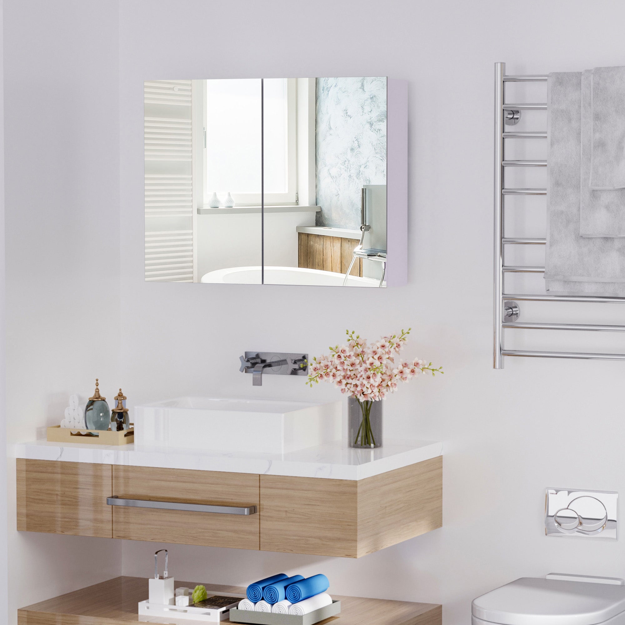 Kozy 80 x 15 cm Double Door Bathroom Mirror Cabinet - White