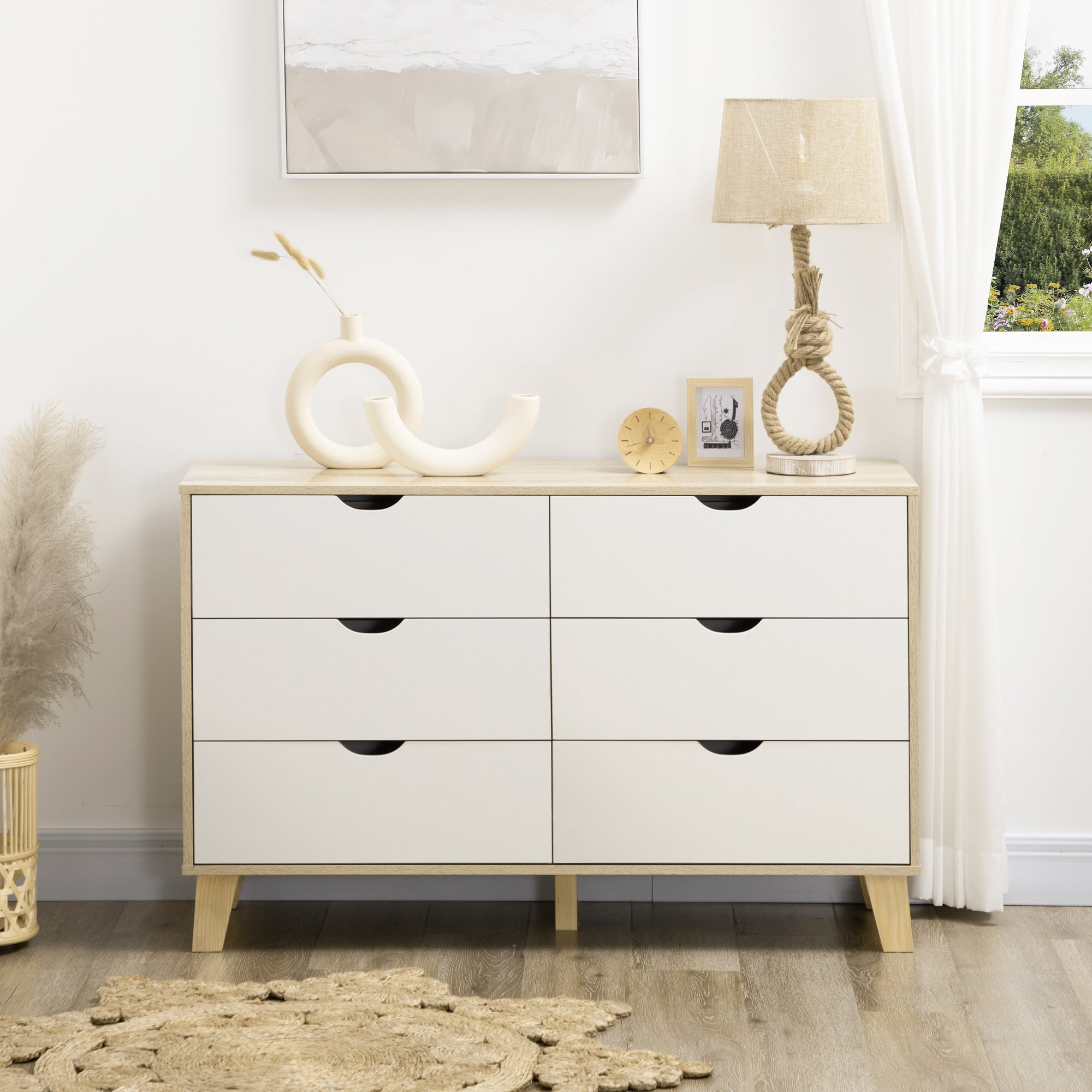 Kozy Bedroom Chest of Drawers, Wide 6-Drawer Dresser, Storage Drawer Unit with Wood Legs for Living Room, White and Light Brown