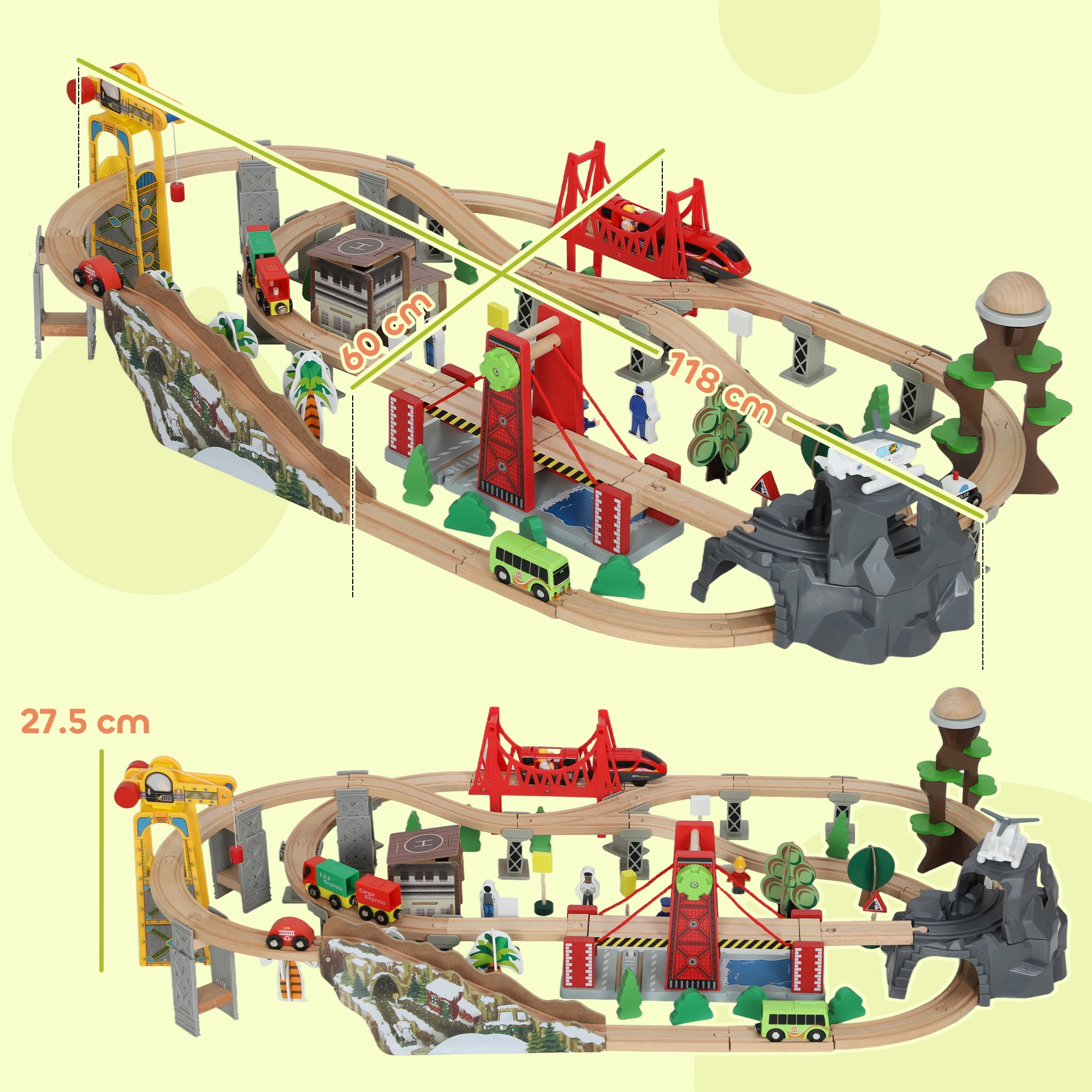 Kozy 100 Piece Wooden Train Set for Kids 3+ Years with Track, Crane, Battery Operated Train
