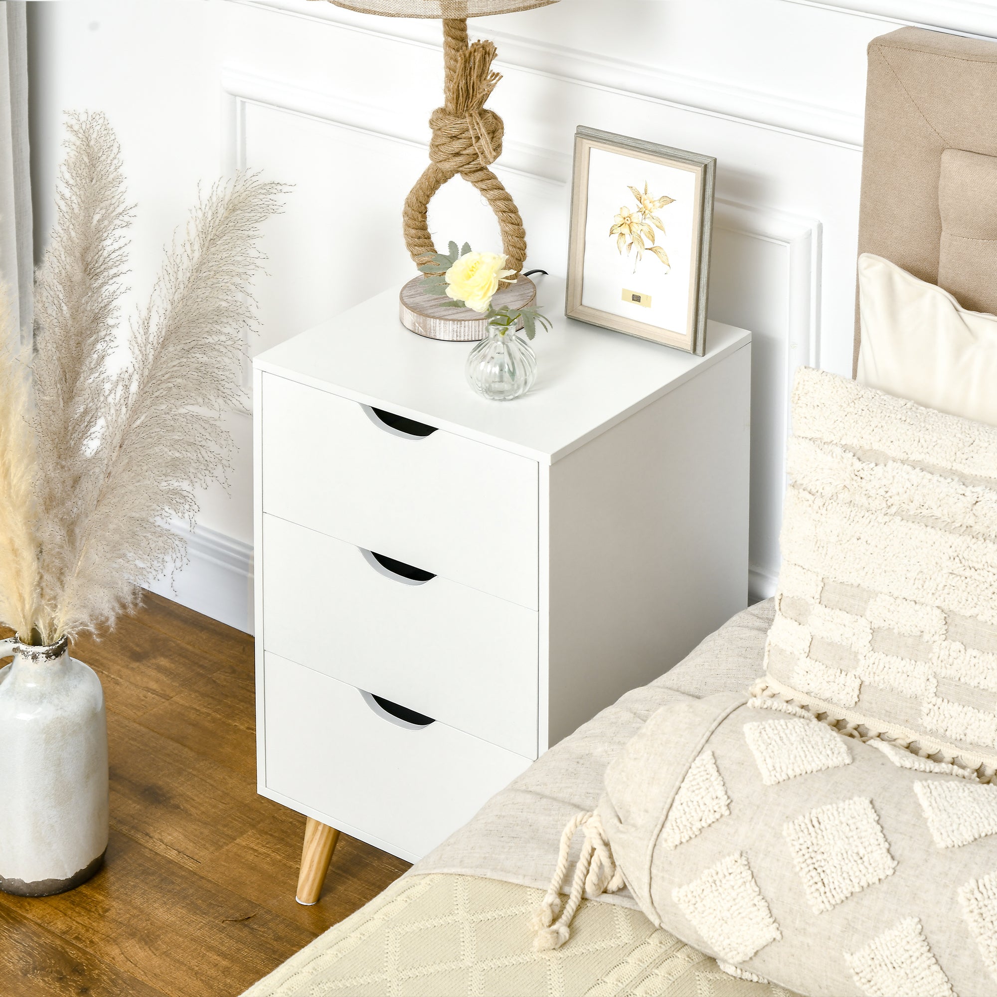 Kozy Bedside Table, Bedside Cabinet with 3 Drawers, Side End Table with Pine Wood Legs for Bedroom Living Room, White