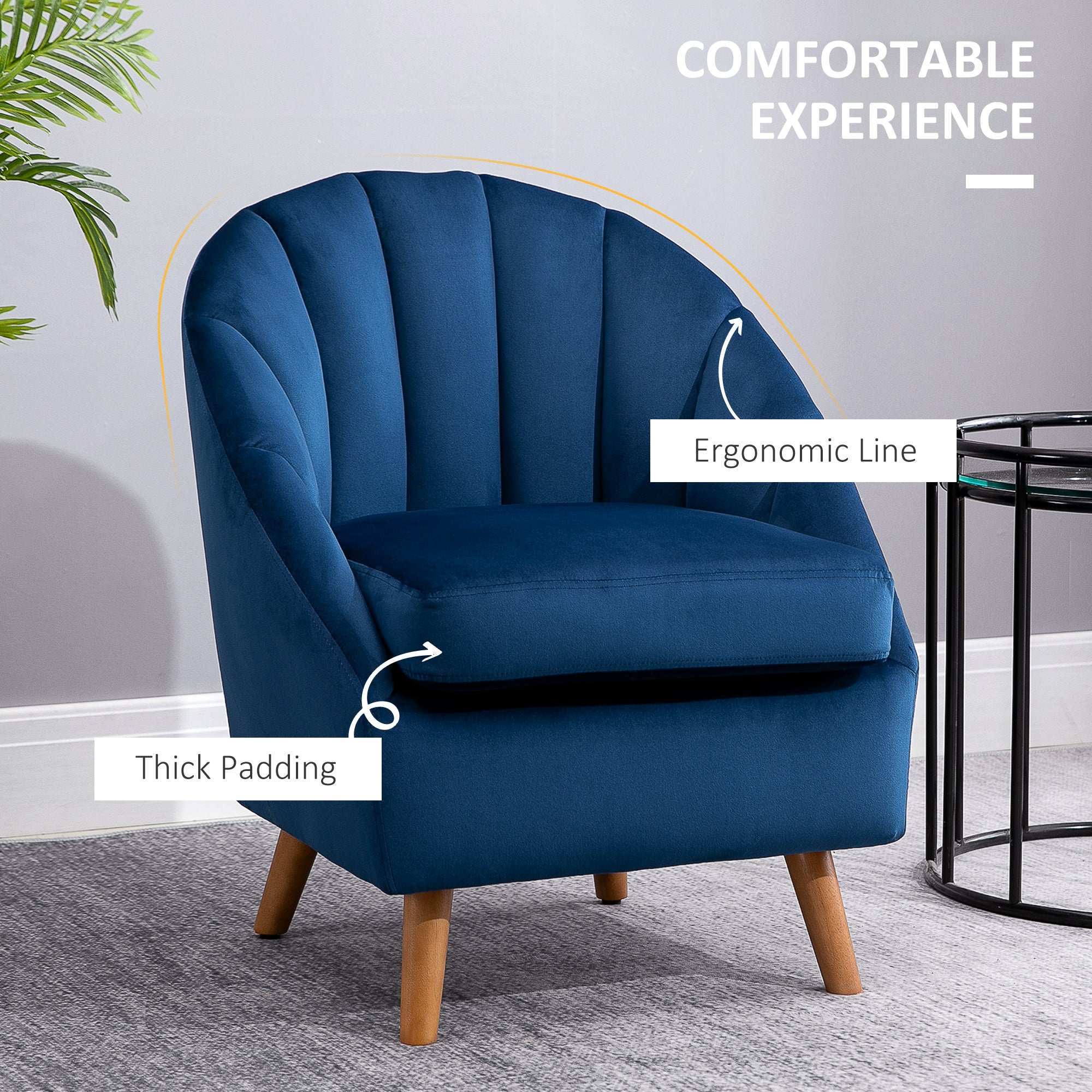 HOMCOM Accent Chair Velvet Fabric Single Sofa Armchair Home Living Room Solid Wood Leg Upholestered Side Armchair Blue