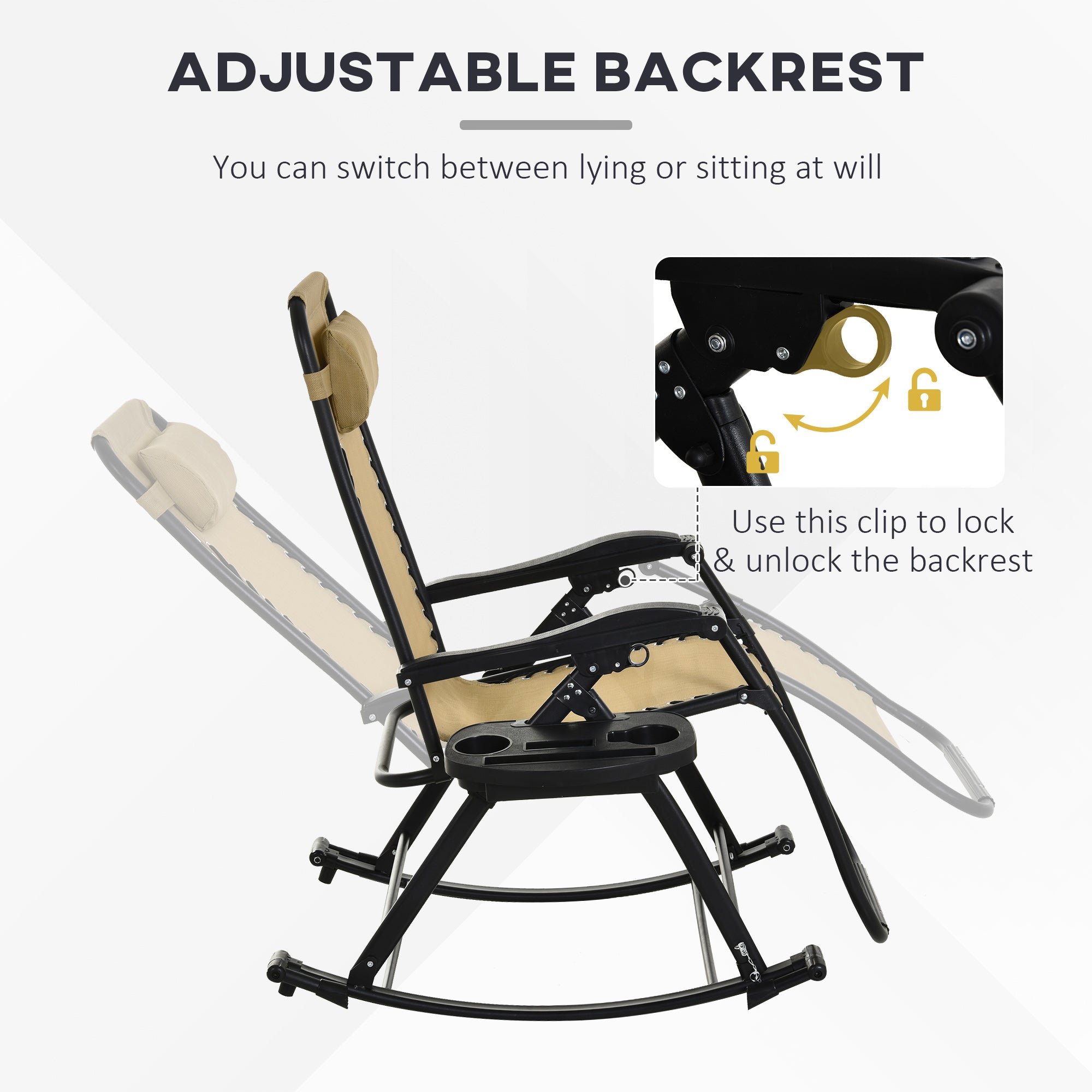 Kozy Garden Rocking Chair Folding Recliner Outdoor Adjustable Sun Lounger Rocker Zero-Gravity Seat with Headrest Side Holder Patio Deck - Beige