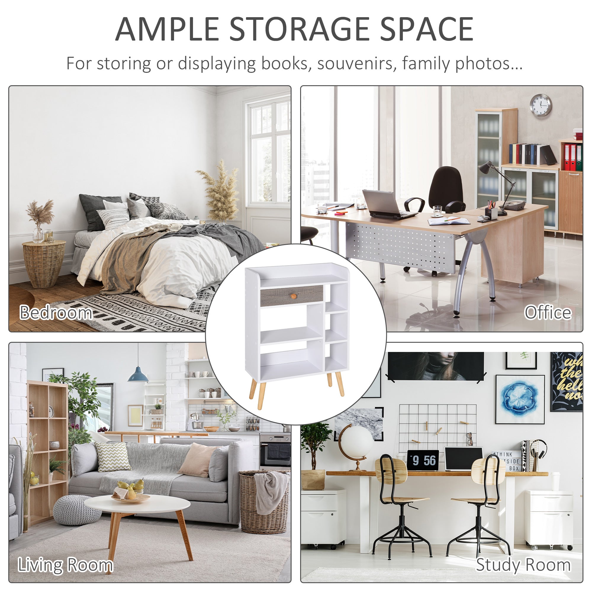 Kozy Bookcase, Freestanding Book Shelf with Storage Drawer, 6 Shelves and Wood Legs for Home Office Display, White and Grey, 24D x 60W x 86.8H cm