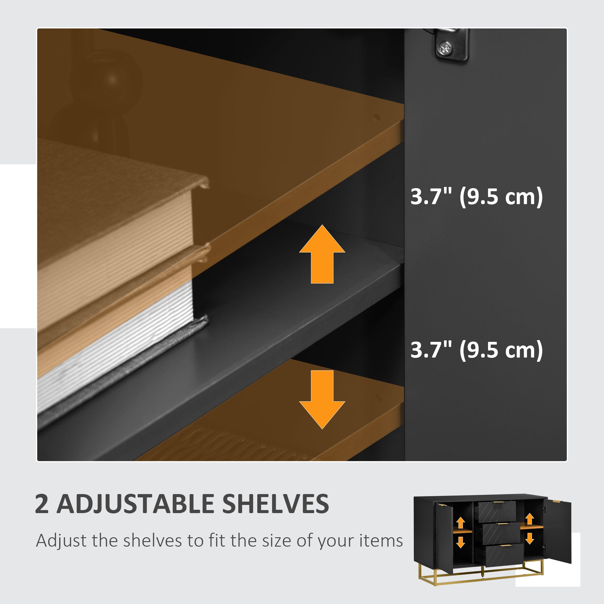 Kozy Sideboard with 3 Drawers and Adjustable Shelves for Living Room - Black