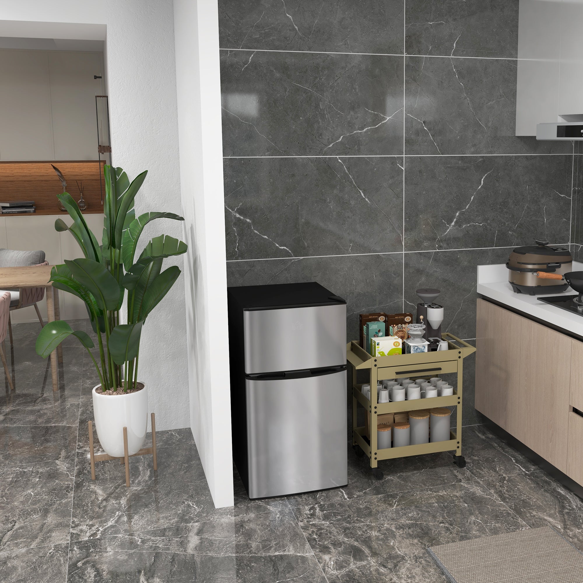 Kozy - 88L Under Counter Fridge Freezer, Small Refrigerator with 5-Setting, 3 Star Freezer Rating, Black and Silver Tone