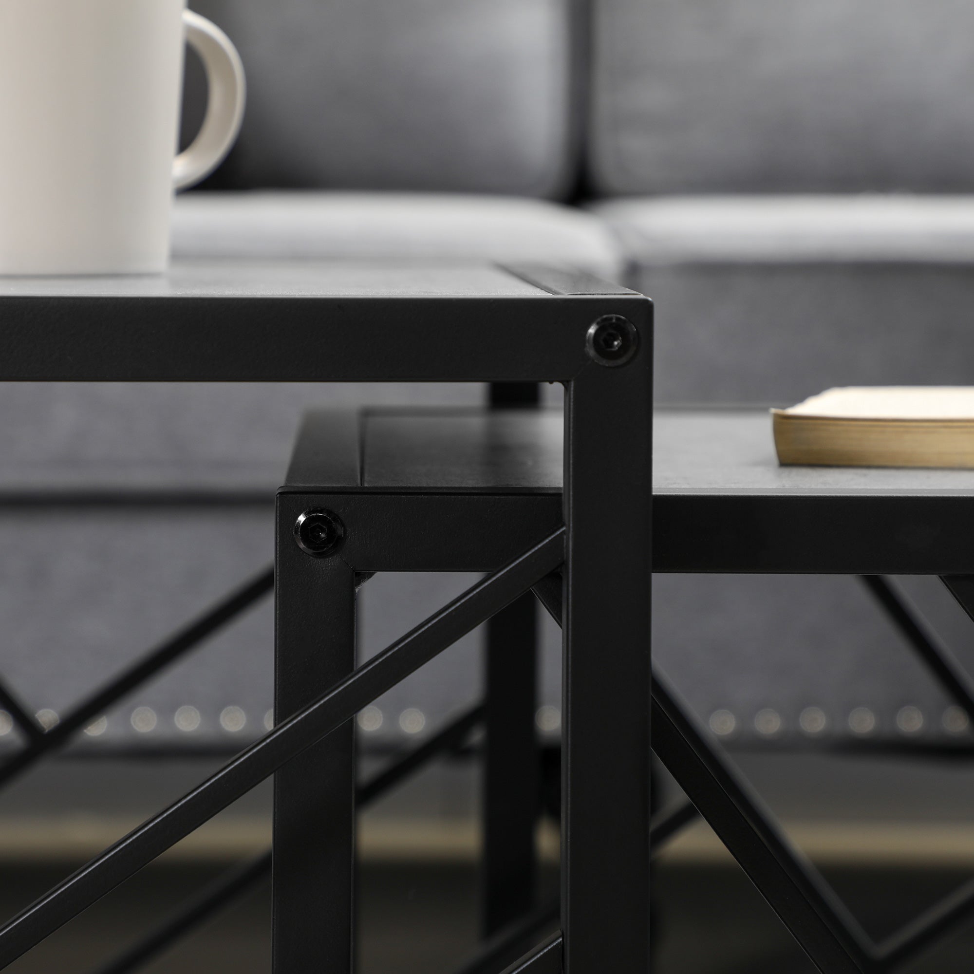 HOMCOM Set of 3 Nest of Tables, Square Side Tables with Black Metal Frame, for Living Room, Bedroom and Office, Grey