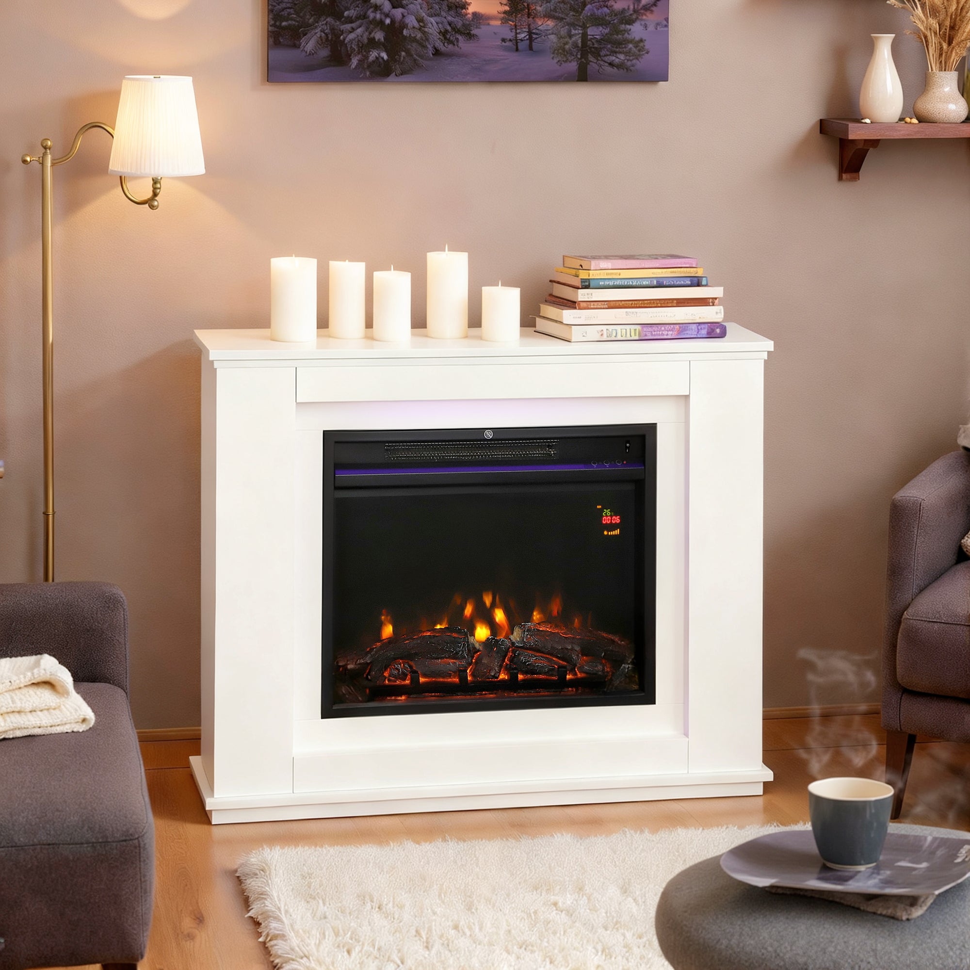 Kozy Electric Fireplace with Surround, 32" 2000W Inset Electric Fire and Mantel Reach up to 30 m² with 12 Colours Realistic Flame Effect & 5 Brightness, Remote & Timer for Living Room, White
