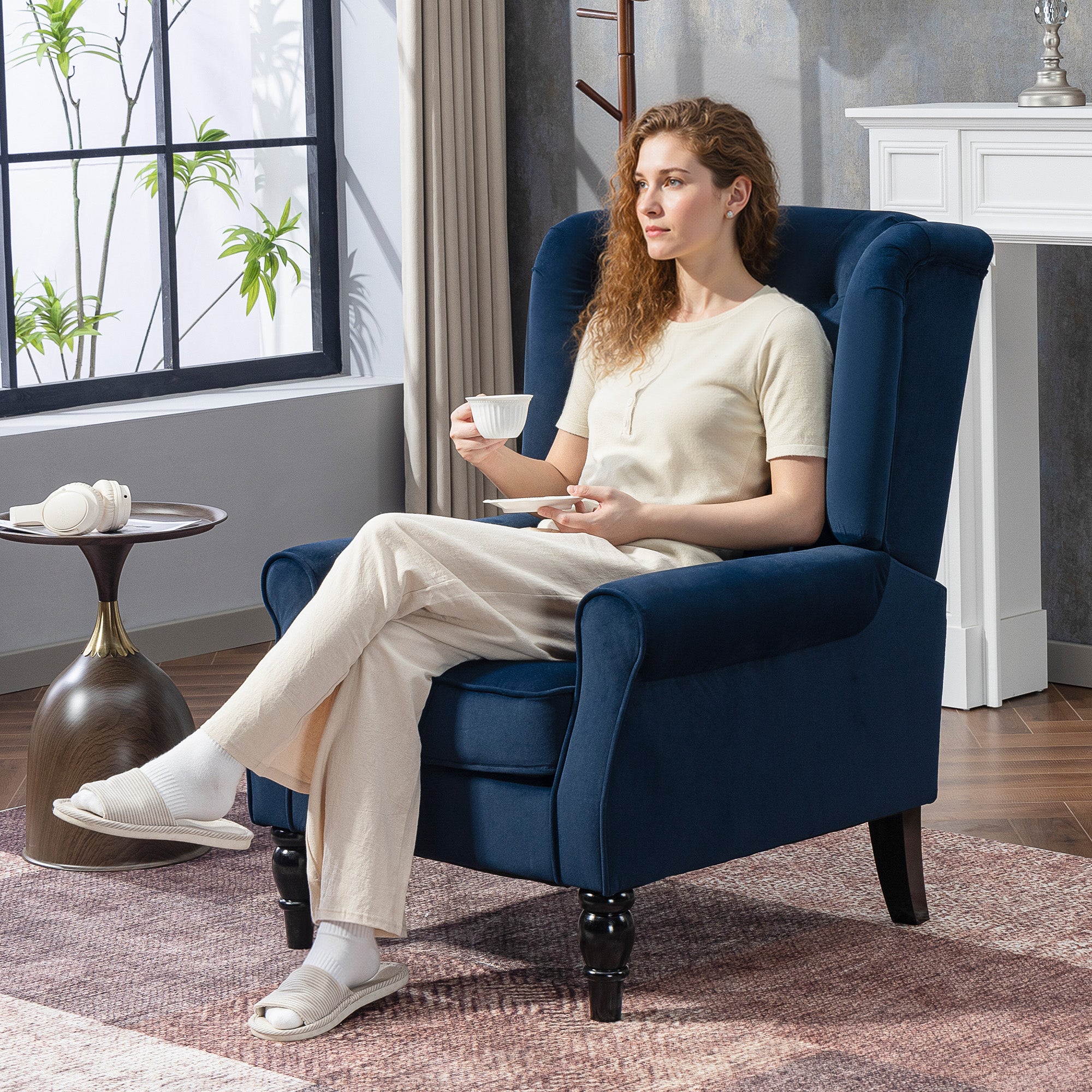 Kozy - Wingback Accent Chair, Retro Upholstered Button Tufted Occasional Chair for Living Room and Bedroom, Dark Blue