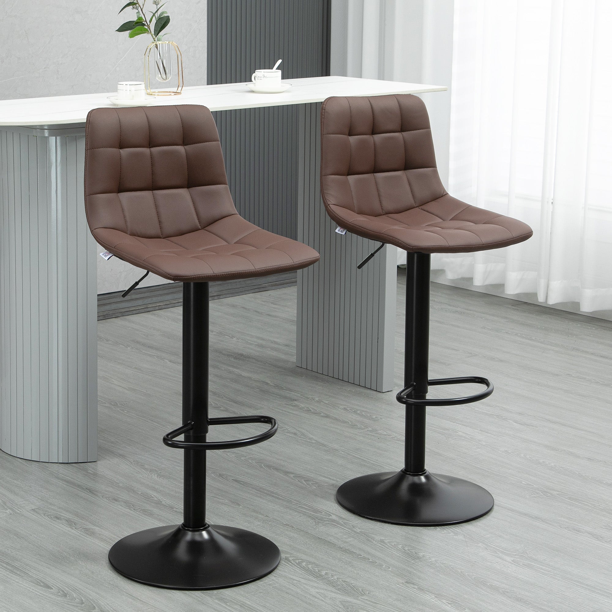 Kozy Adjustable Bar Stools Set of 2, Swivel PU Leather Upholstered Barstools with Tufted Seat and Back, Breakfast Bar Chairs for Kitchen Counter, Brown