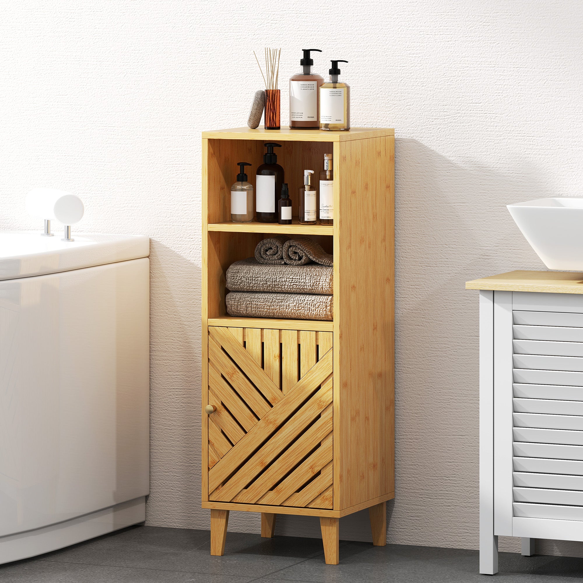 Kozy - Slim Bathroom Cabinet with Bamboo Door and Legs, Narrow Bathroom Storage Cabinet, Freestanding Storage Cupboard with Open Compartments, 32 x 30 x 90 cm, Natural Wood Finish