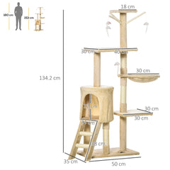 PawHut Deluxe Cat Tree House, 131cm Tall, with Scratching Posts and Cosy Perches, Sturdy Beige