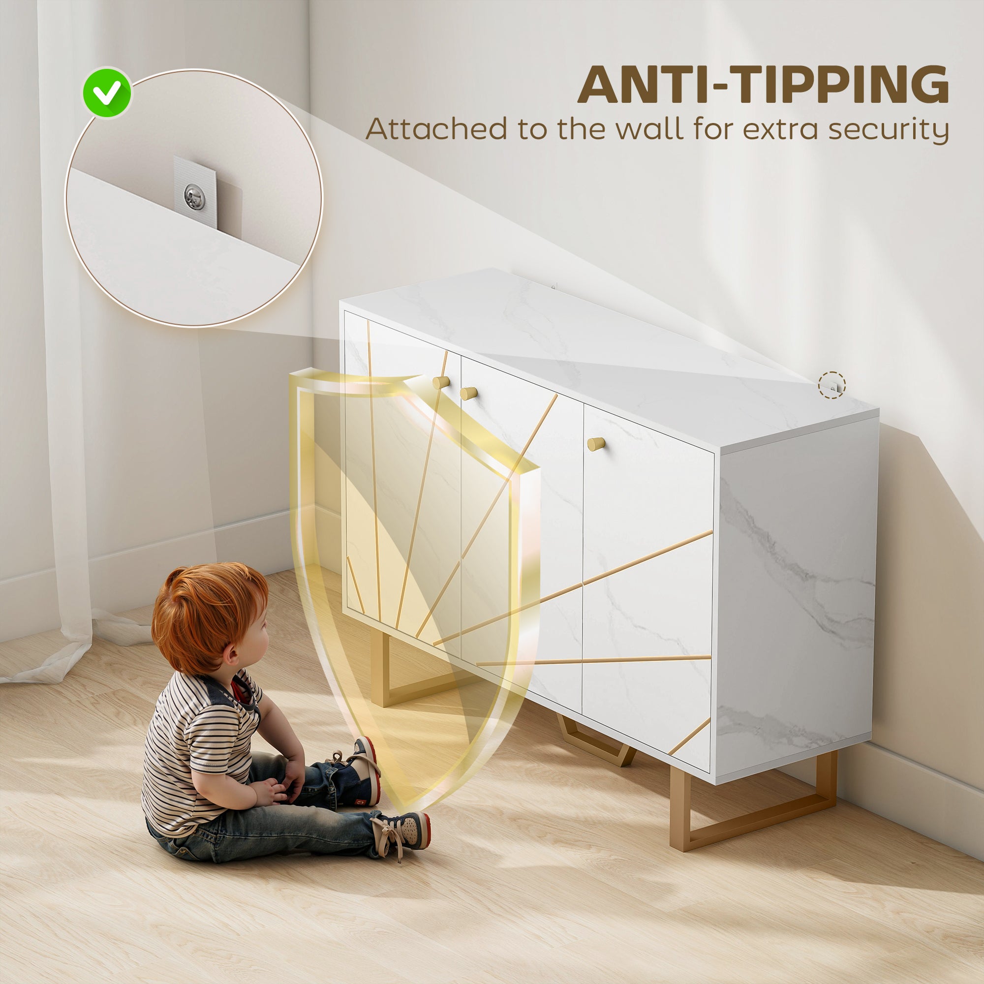 Kozy - Sideboard Storage Cabinet, Modern Storage Cupboard with Adjustable Shelves and Metal Legs for Living Room, Kitchen, Dining Room, Entryway, White Marble Tone