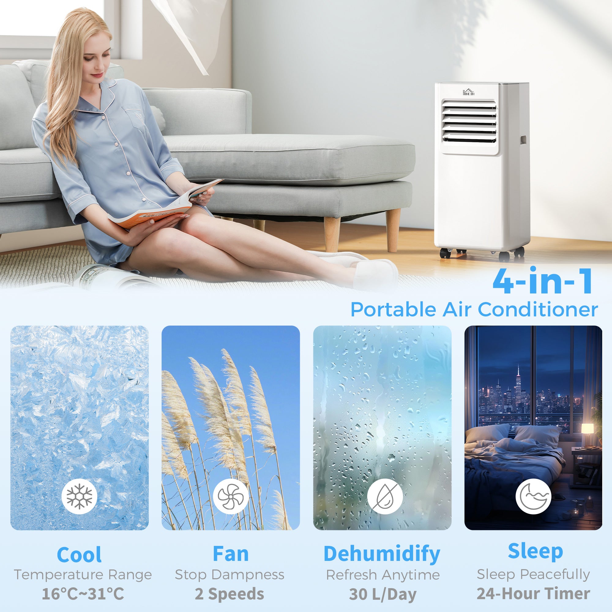 Kozy 7000 BTU Air Conditioning Unit, 3-in-1 Portable Air Conditioner, Dehumidifier, Cooling Fan with 2 Speeds, 24H Timer, Remote Control, LED Display, Window Venting Kit, 15m²